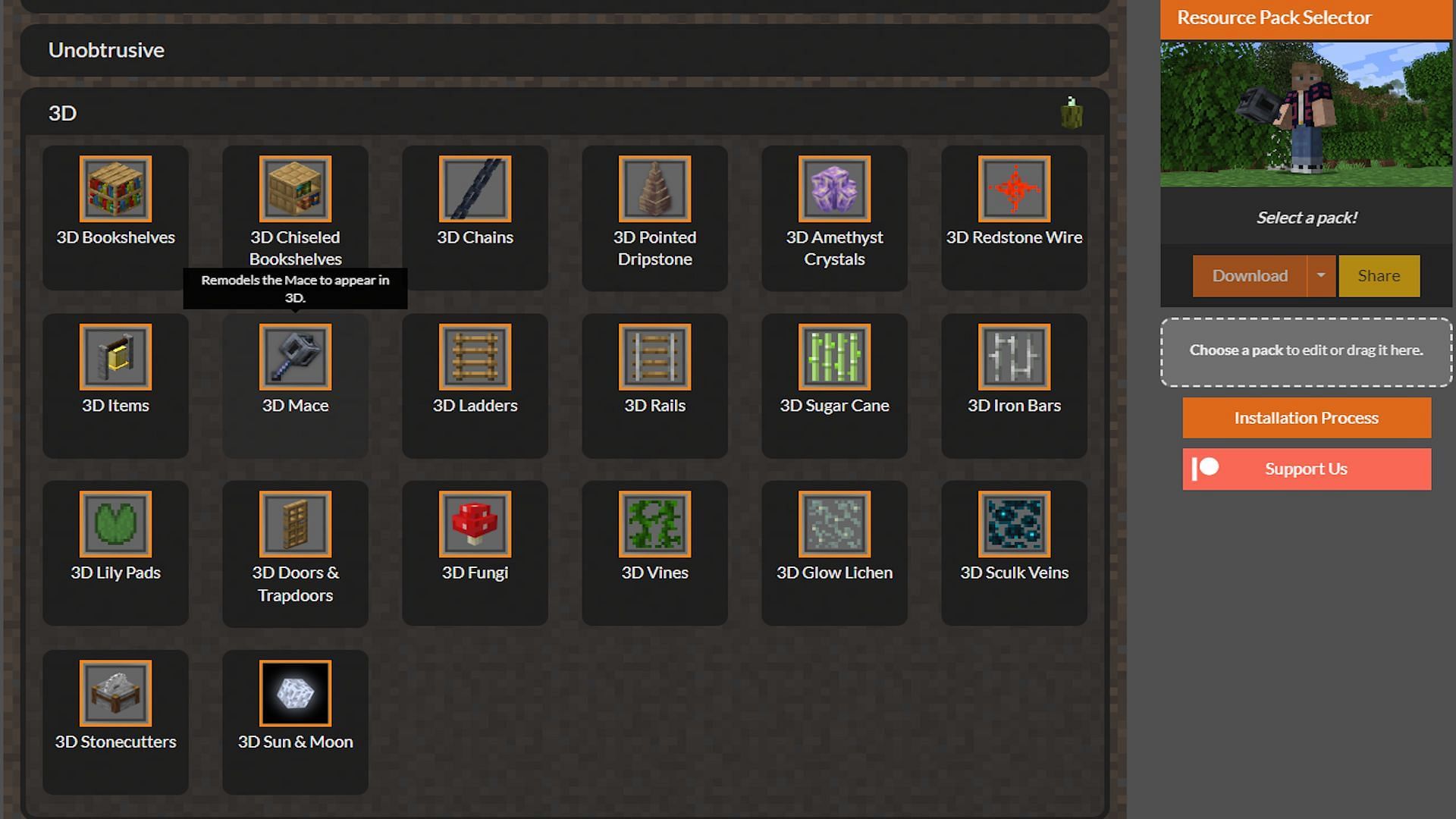 The 3D mace option on the Vanilla Tweaks website (Image via Vanilla Tweaks)