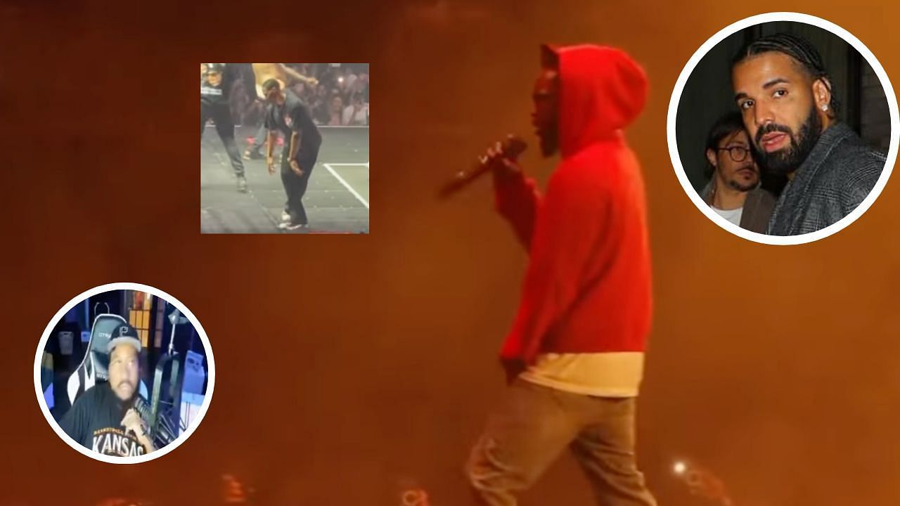  Drake defender DJ Akademiks in shambles after Russell Westbrook joins Kendrick Lamar on stage (Images via DJ Akademiks, Russell Westbrook and Drake
