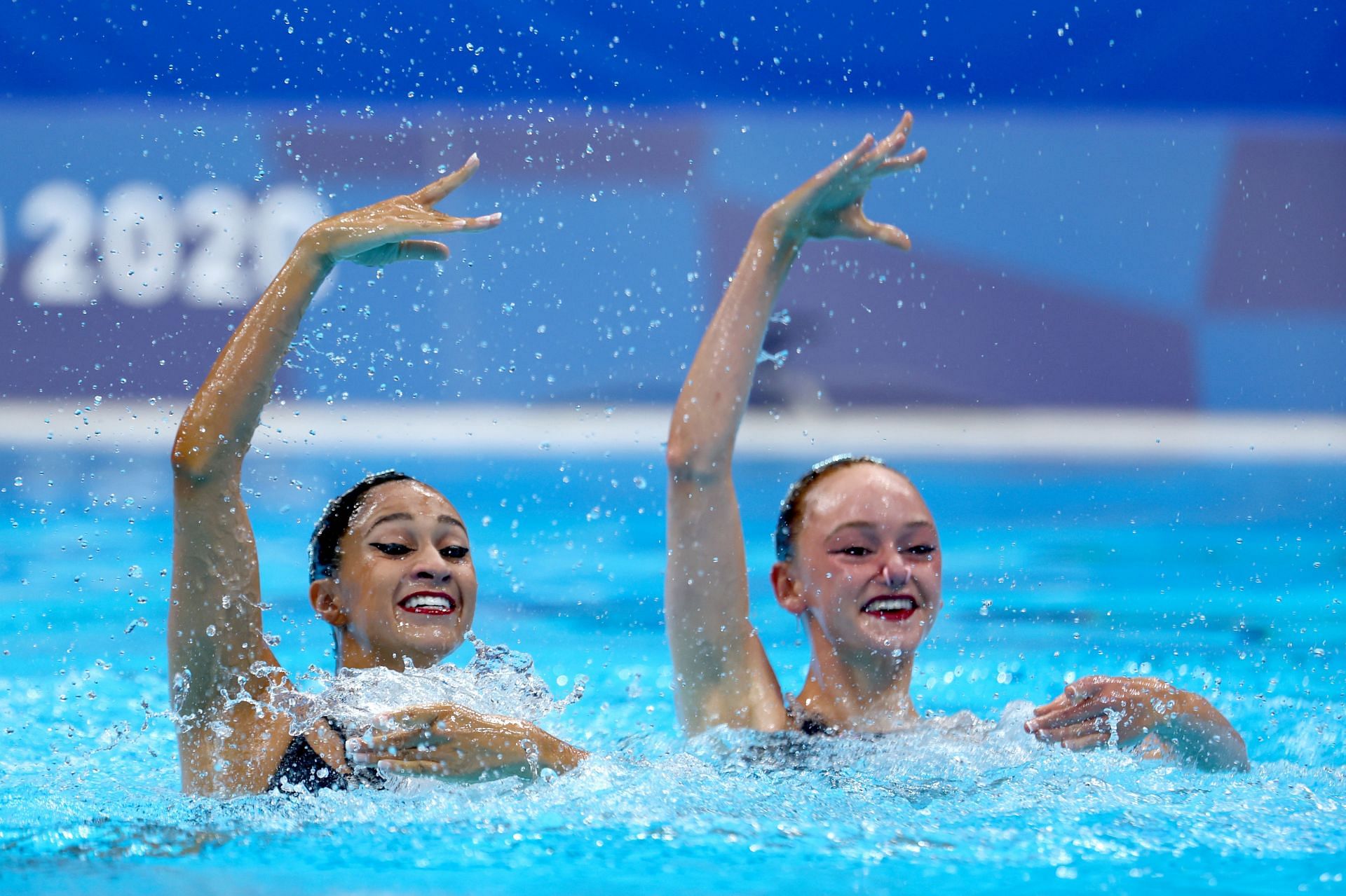 Anita Alvarez and Lindi Schroeder of Team United States compete in the Artistic Swimming Duet Technical Routine on day eleven of the Tokyo 2020 Olympic Games at Tokyo Aquatics Centre on August 03, 2021 in Tokyo, Japan. (Photo by Clive Rose/Getty Images)