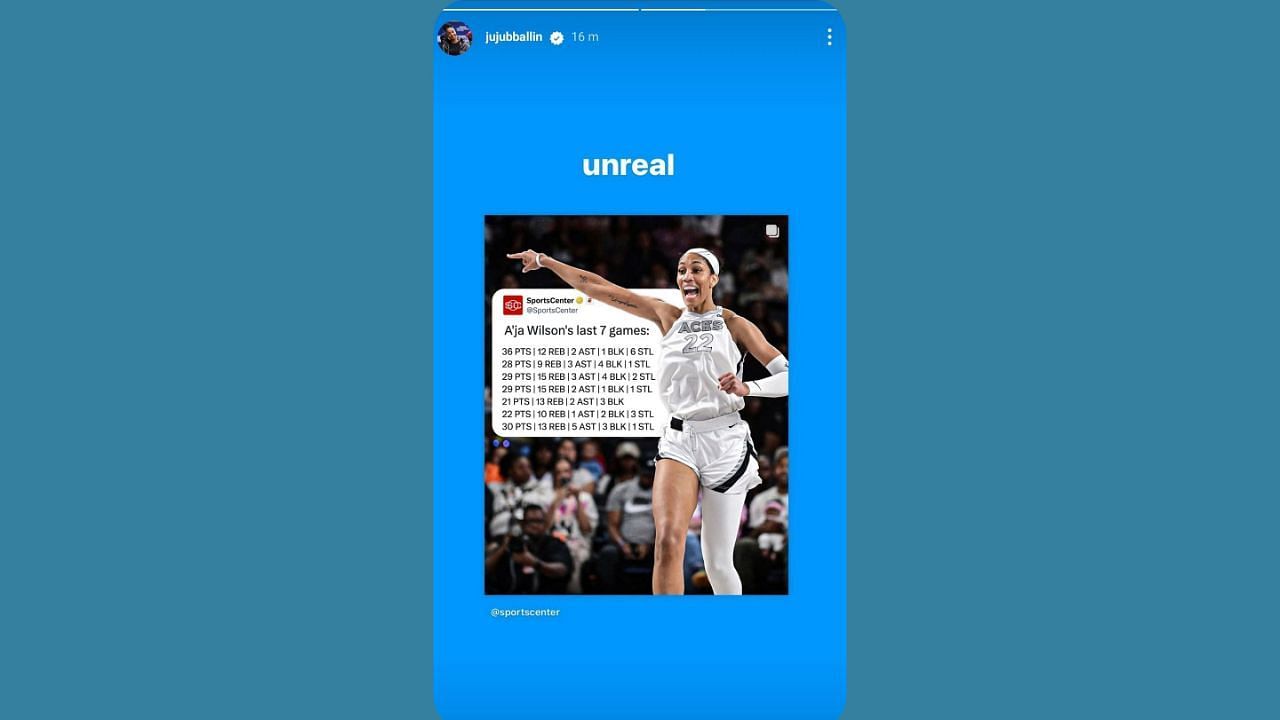 Watkins&#039; story praising A&#039;ja Wilson. (Credits: @jujubballin/Instgram)