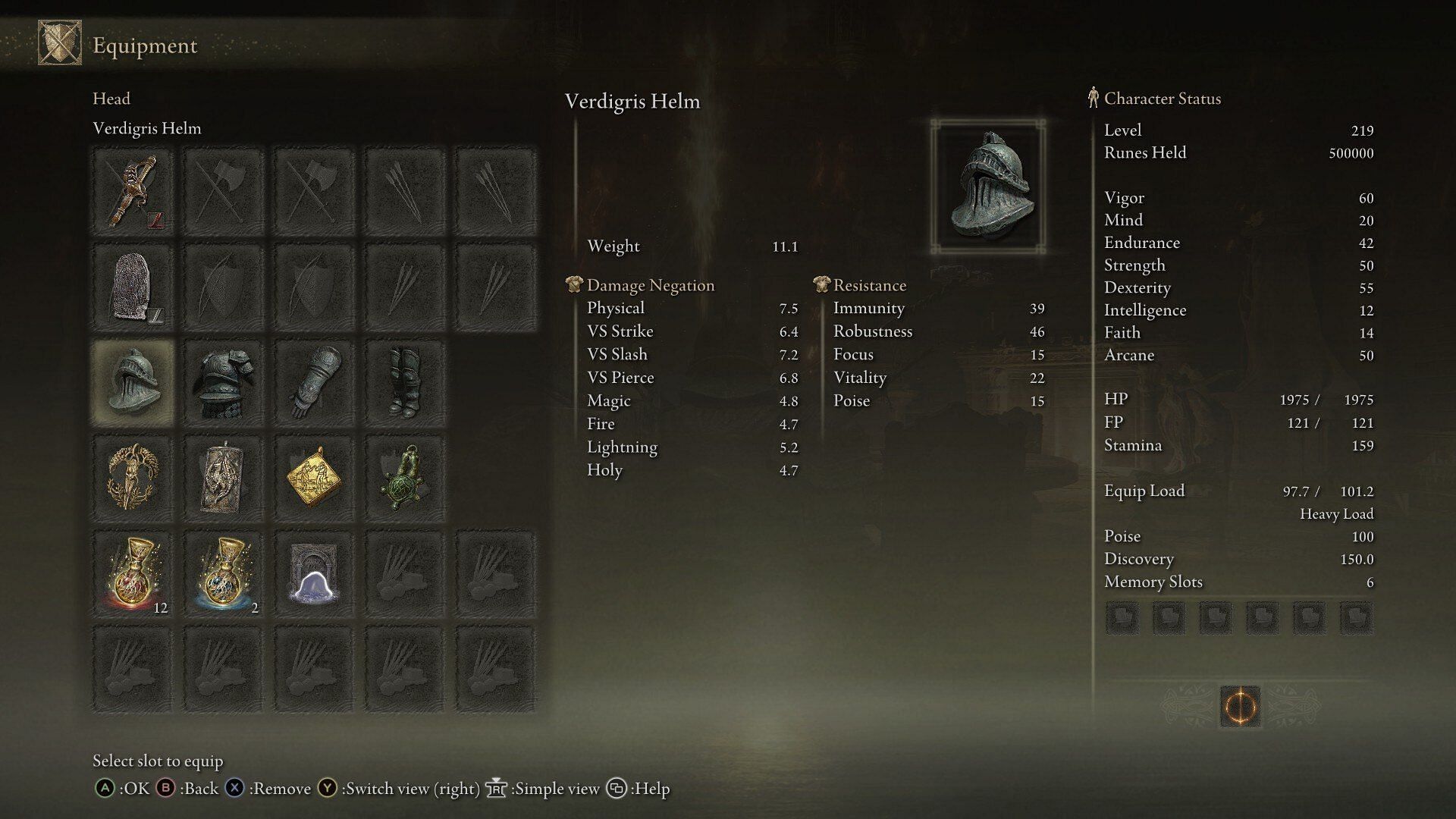 The Verdigris set can be replaced with the Bull-Goat set since both of them have similar Poise stat (Image via FromSoftware)