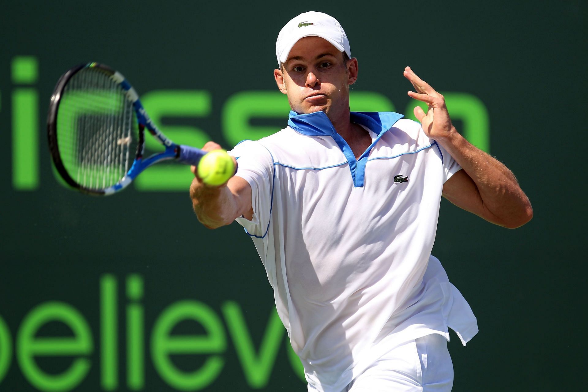 Andy Roddick hits a forehand during the 2012 Miami Open.