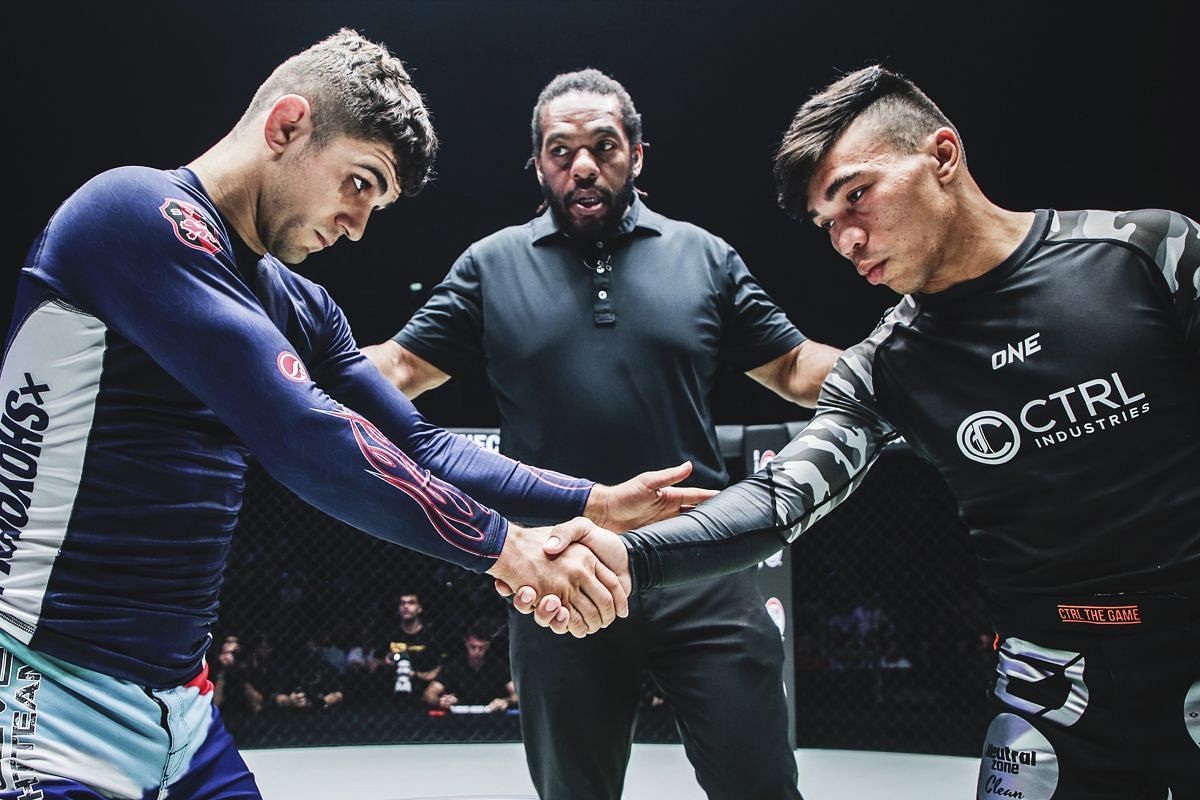 Mikey Musumeci and Gabriel Sousa shaking hands before their fight | Image credit: ONE Championship