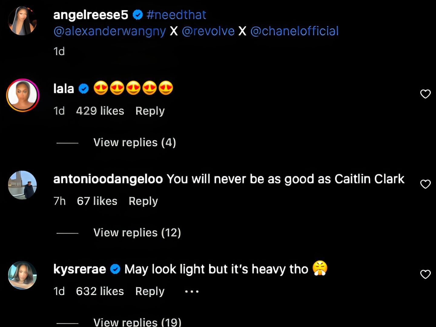 La La Anthony commented on Reese&#039;s post [Angel Reese IG handle]