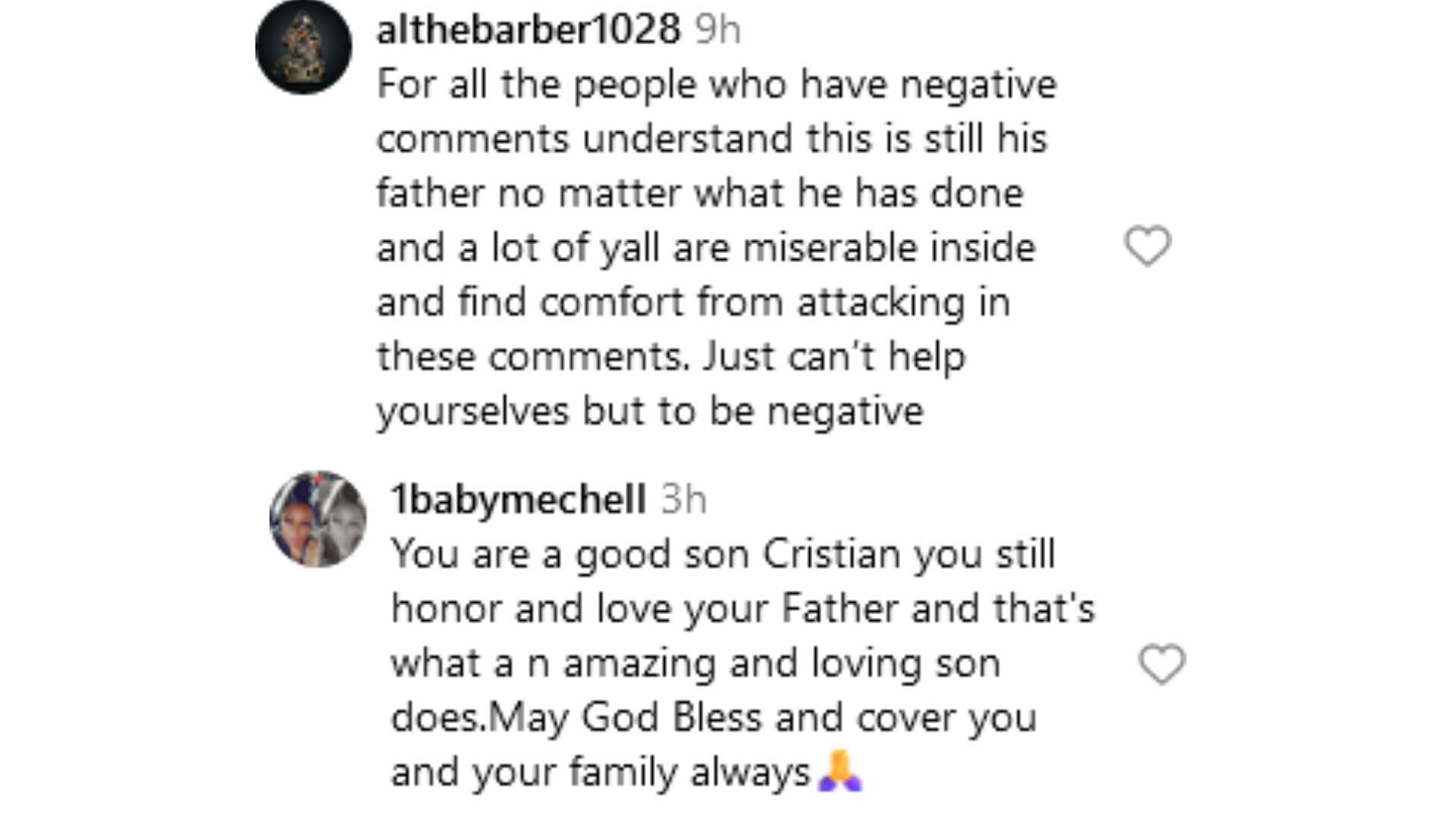 Instagram users supported Christian for the Father&rsquo;s Day post (Image via Instagram / @althebarber1028 / @1babymechell)