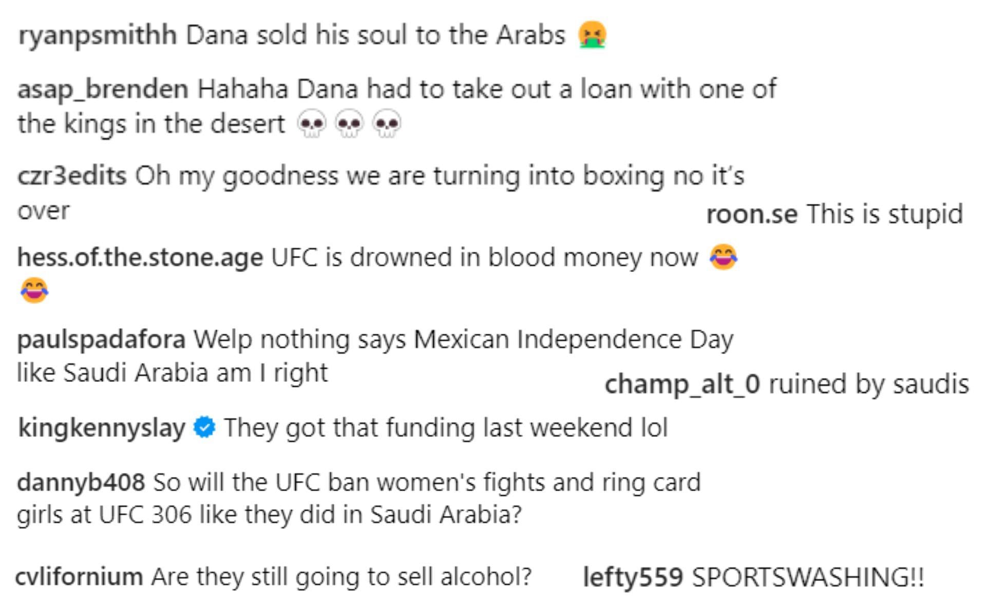 Screenshot of fan reactions to espnmma's post on Instagram