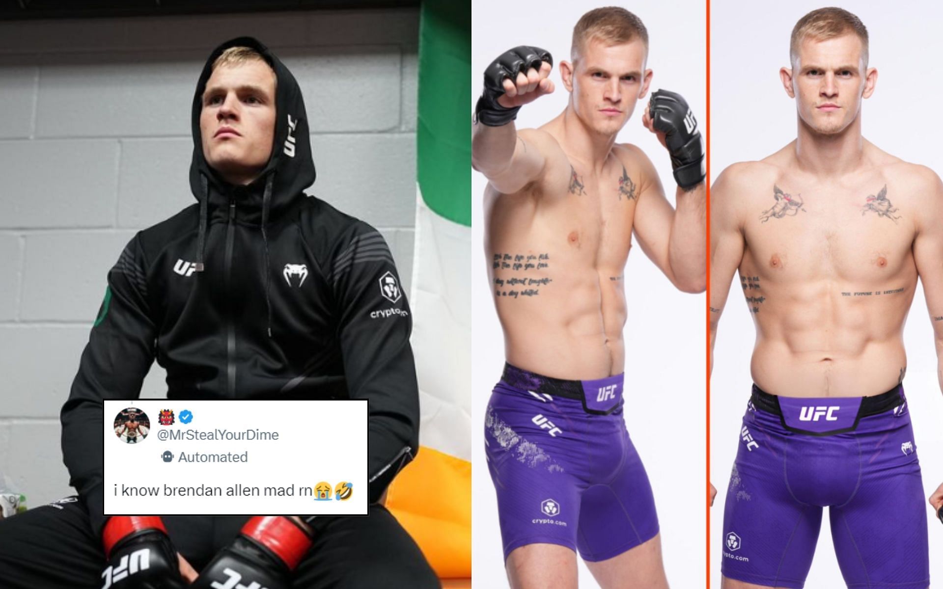 Fans react (insert) to Ian Garry (left) and his new purple shorts (right). [Image credit: @iangarry on Instagram, @mma_orbit on X]