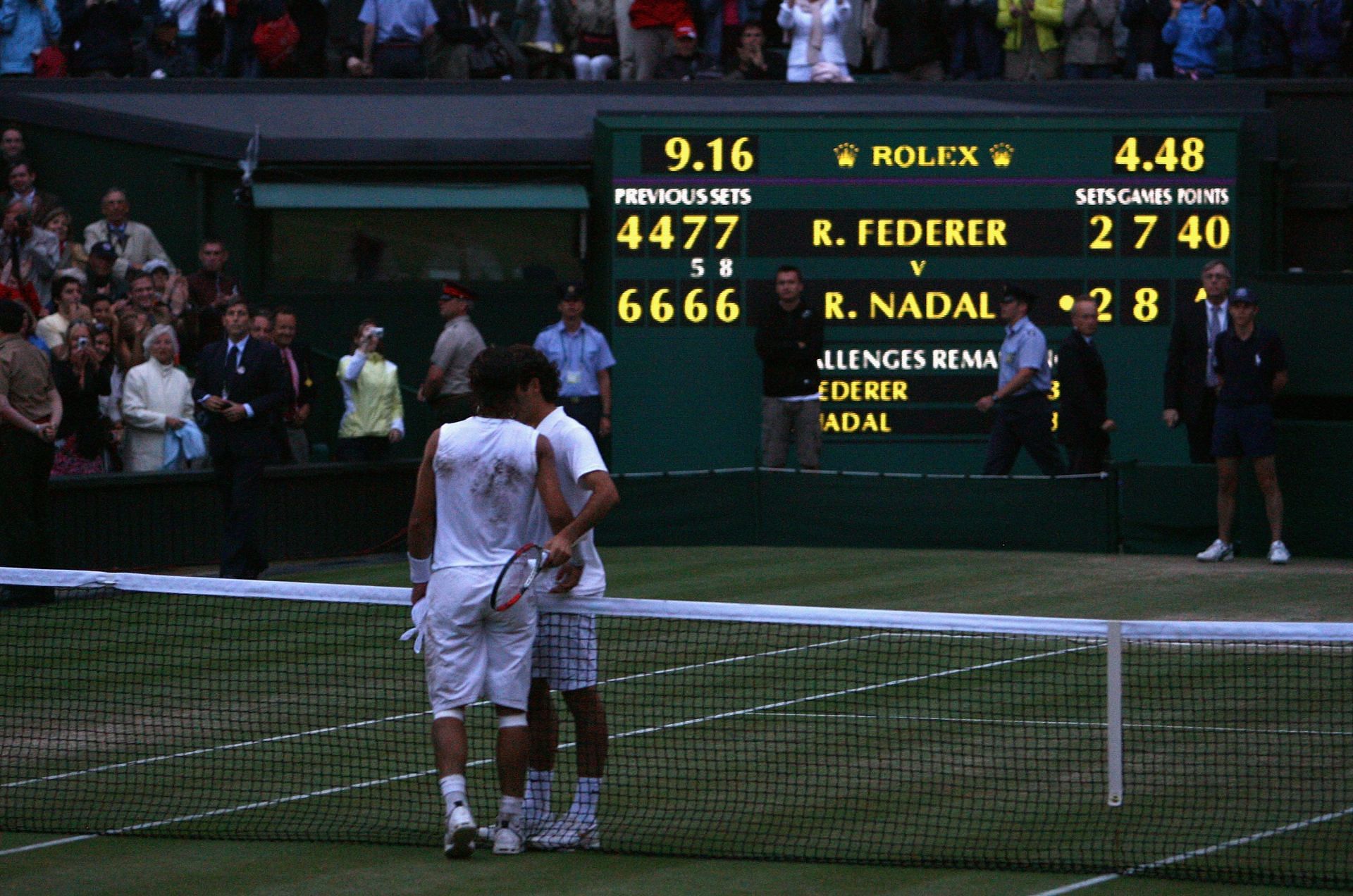 Rafael Nadal and Roger Federer embrace after their Wimbledon 2008 encounter