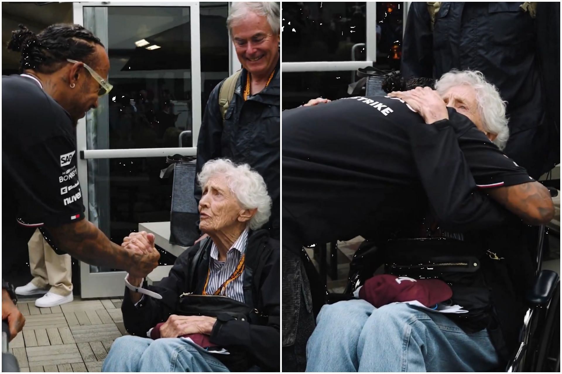 Lewis Hamilton meeting Mary McGee after the 2024 F1 Canadian Grand Prix (Collage via Sportskeeda)