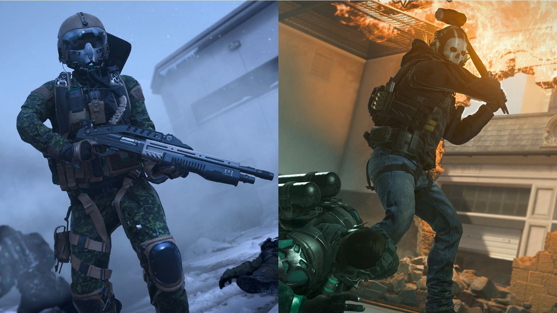 An Operator holding the Reclaimer 18 shotgun on the left and an Operator holding the Sledgehammer on the right in Modern Warfare 3 and Warzone