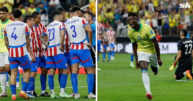 Copa America 2024: Vinicius Jr riles up Paraguay opponents in heated scuffle, scores moments later through defensive error in crazy end to first half
