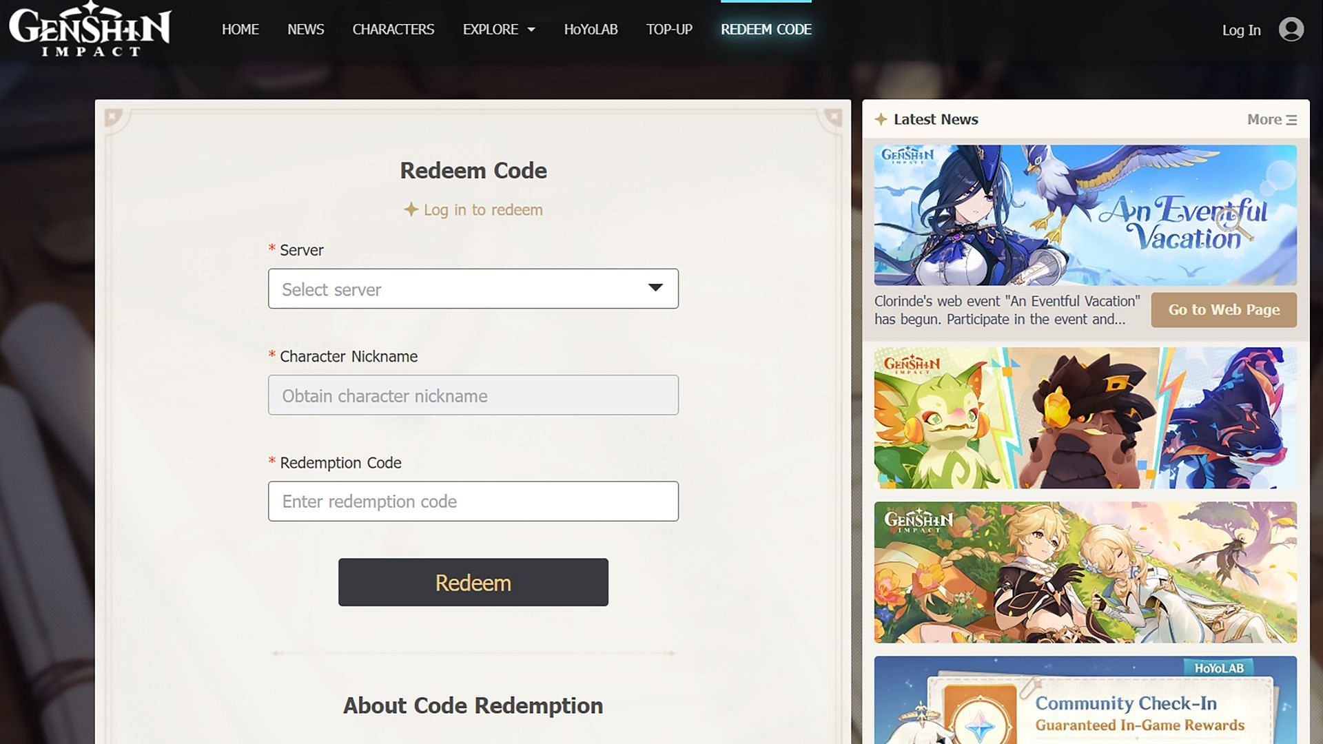 How to redeem codes on the website? (Image via HoYoverse)