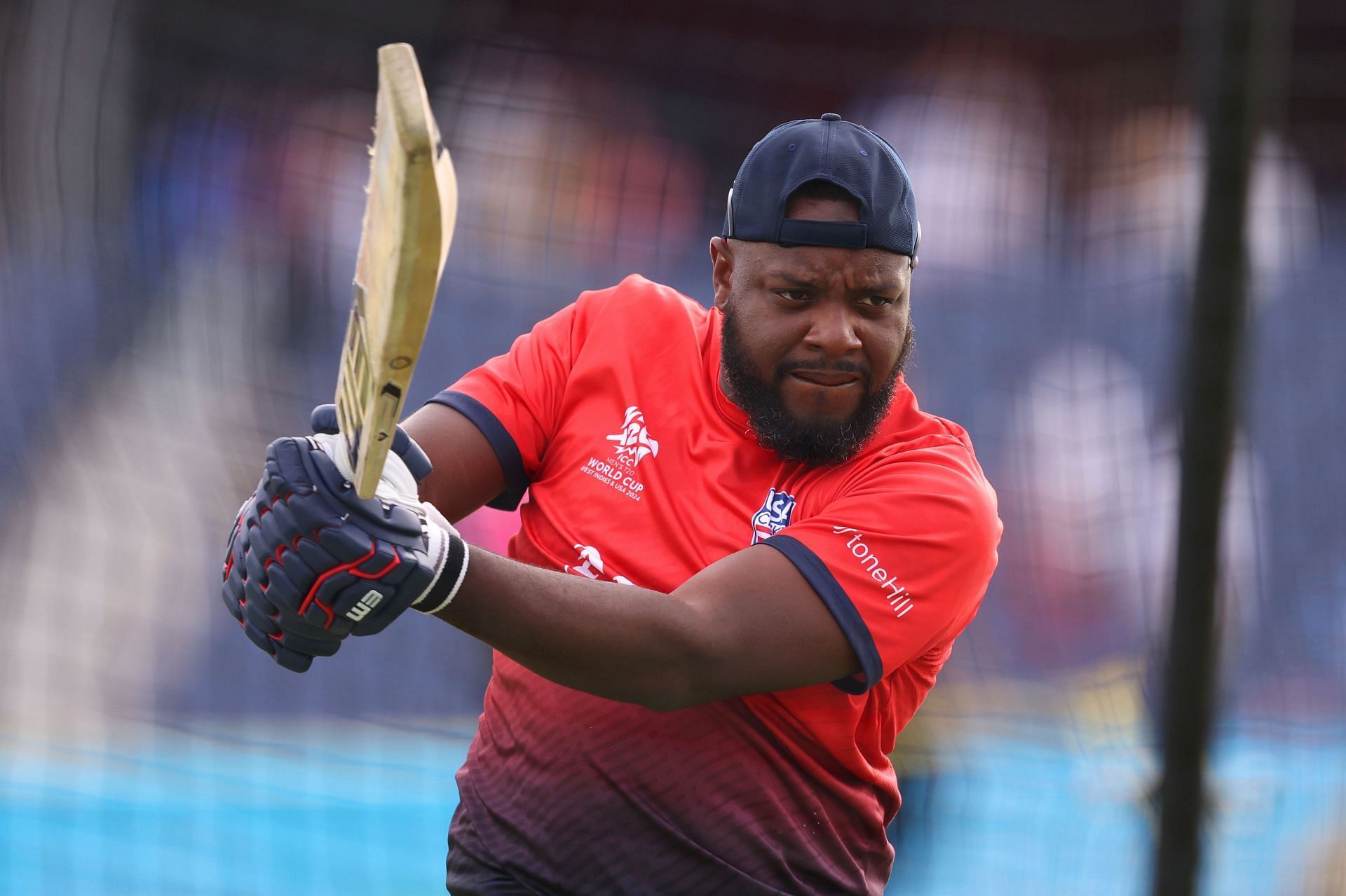 Steven Taylor of USA warms up prior to the ICC Men's T20 Cricket World Cup West Indies & USA 2024 match between USA and Canada at Grand Prairie Cricket Stadium on June 01, 2024 in Dallas, Texas. (Photo by Robert Cianflone/Getty Images).