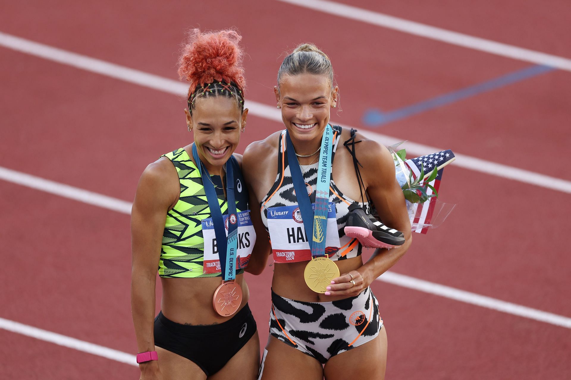 Anna Hall and Taliyah Brooks with their respective medals after the heptathlon event of the U.S. Olympic trials