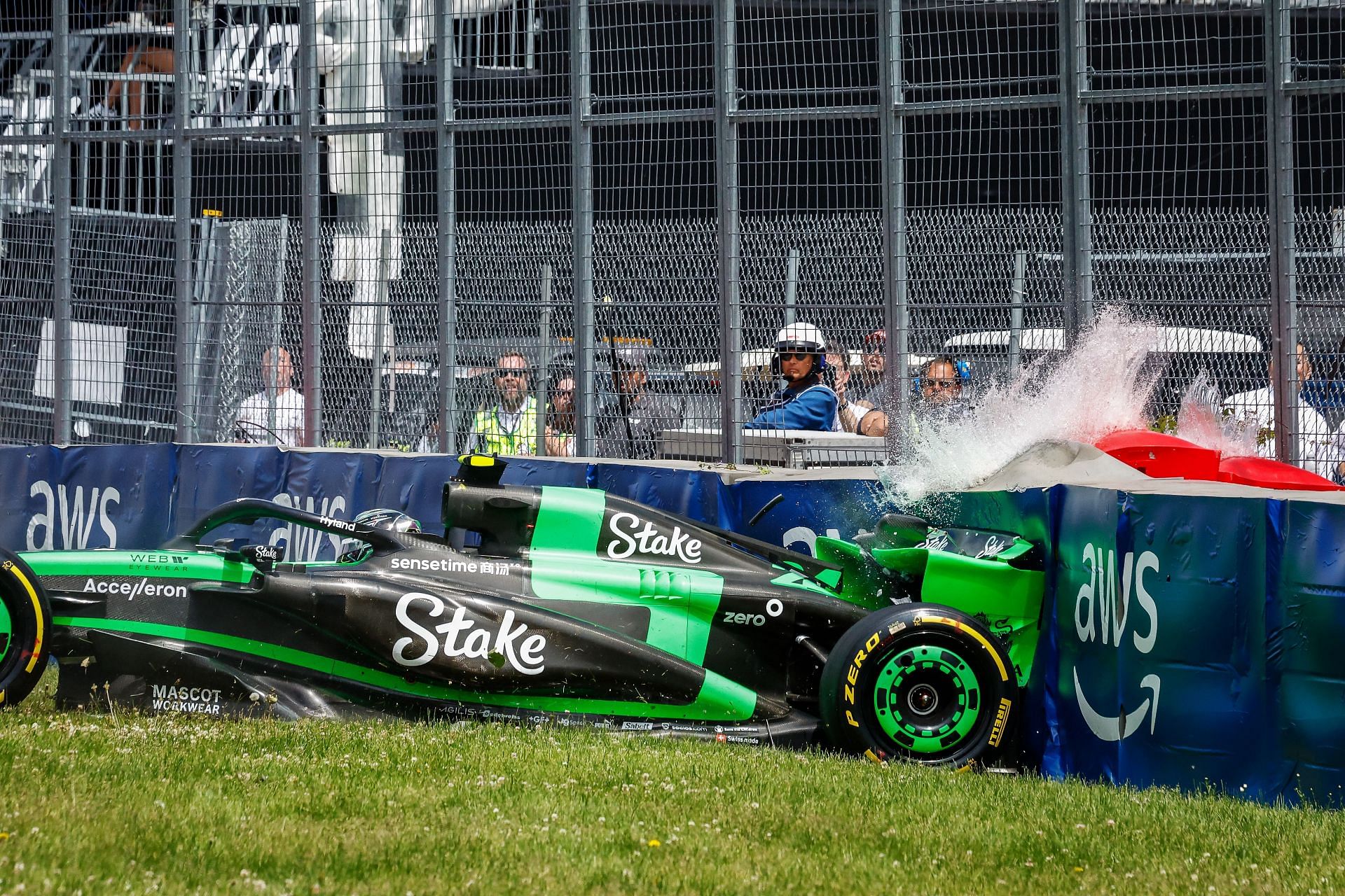 F1 Grand Prix of Canada - Final Practice MONTREAL, QUEBEC - JUNE 08: Zhou Guanyu of China driving the (24) Kick Sauber C44 Ferrari crashes during final practice ahead of the F1 Grand Prix of Canada at Circuit Gilles Villeneuve on June 08, 2024 in Montreal, Quebec. (Photo by Getty Images/Getty Images)