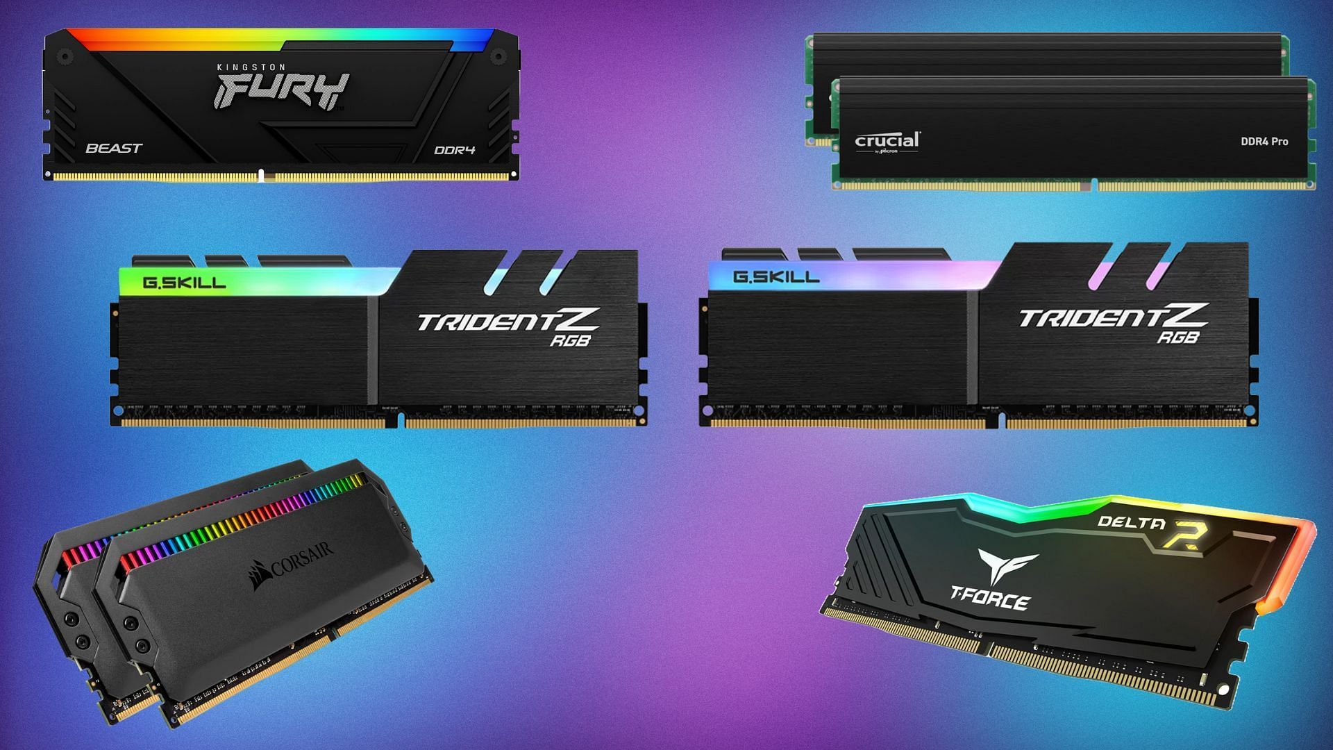 The best DDR4 RAM for gaming in 2024 (Image via G.SKILL, Corsair, Team Group, Kingston, Crucial)