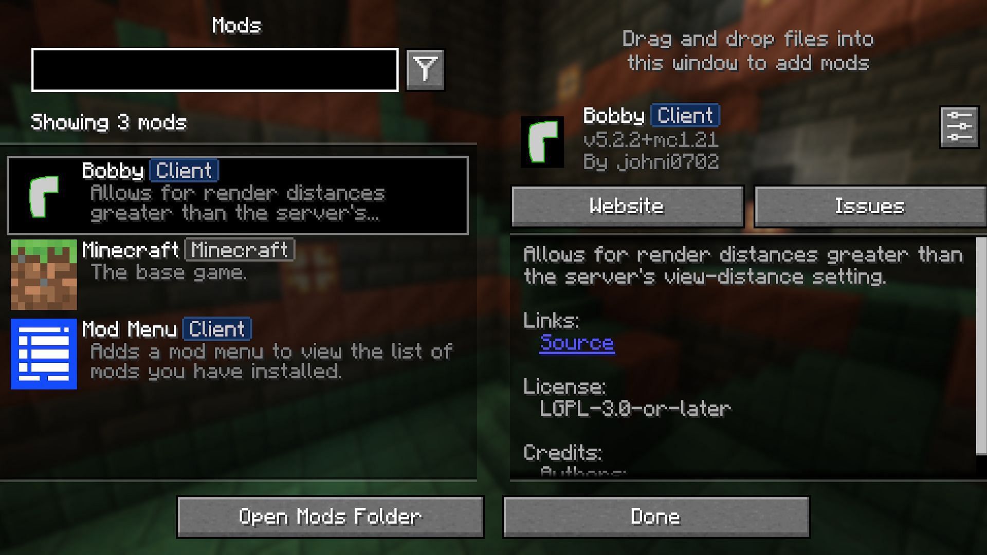 Bobby mod in the list of installed mods (Image via Mojang)