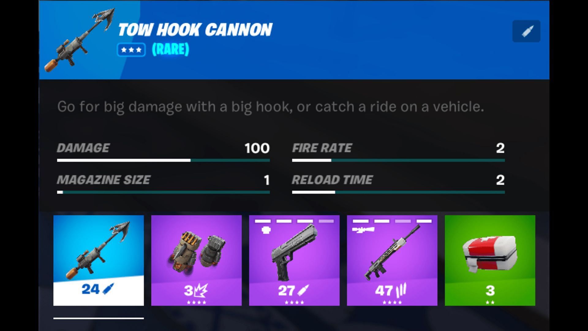 The Tow Hook Cannon in Fortnite Chapter 5 Season 3 deals massive damage with a high reload time (Image via Epic Games)