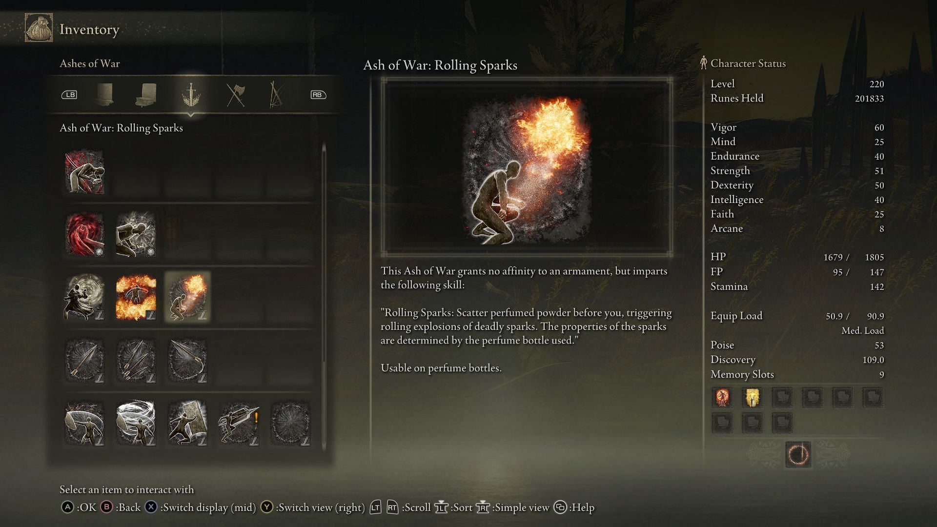 Rolling Sparks Ash of War in-game description (Image via FromSoftware)