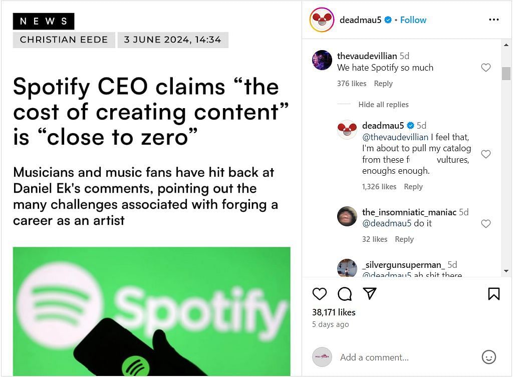 Zimmerman hinted at removing his music from Spotify (Image via Instagram/@deadmau5)