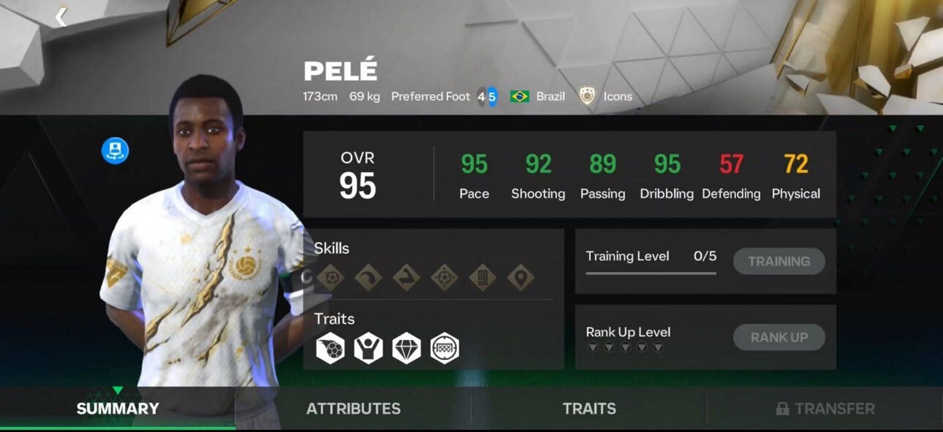 Pele&#039;s base card stats in FC Mobile (Image via EA Sports)