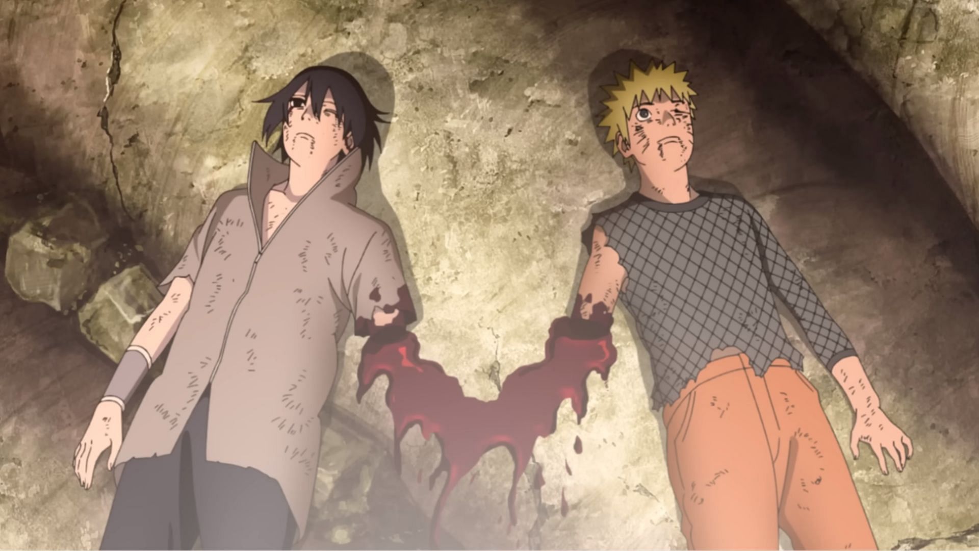 Sasuke and Naruto at the end of the final fight as seen in the 20th anniversary trailer (Image via Vizmedia)