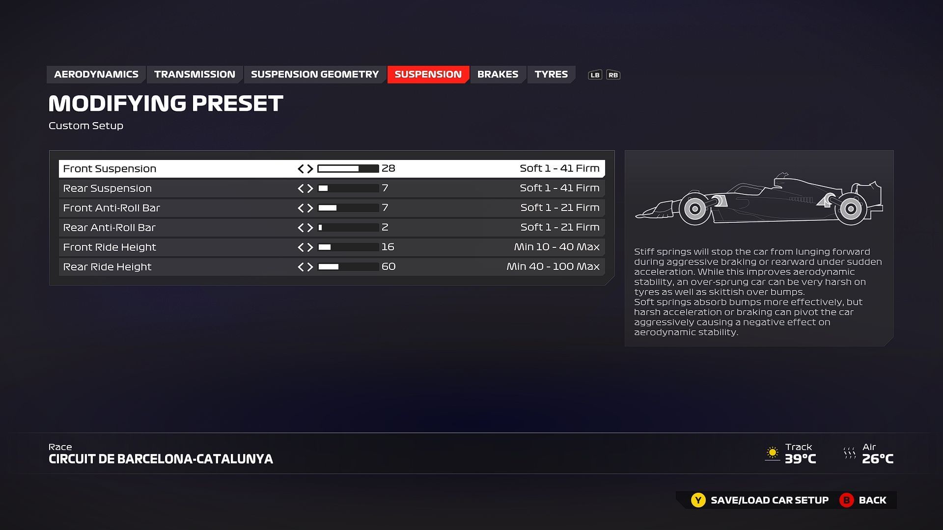 Best recommended Suspension setting for Circuit de Barcelona-Catalunya (Image via EA Sports)