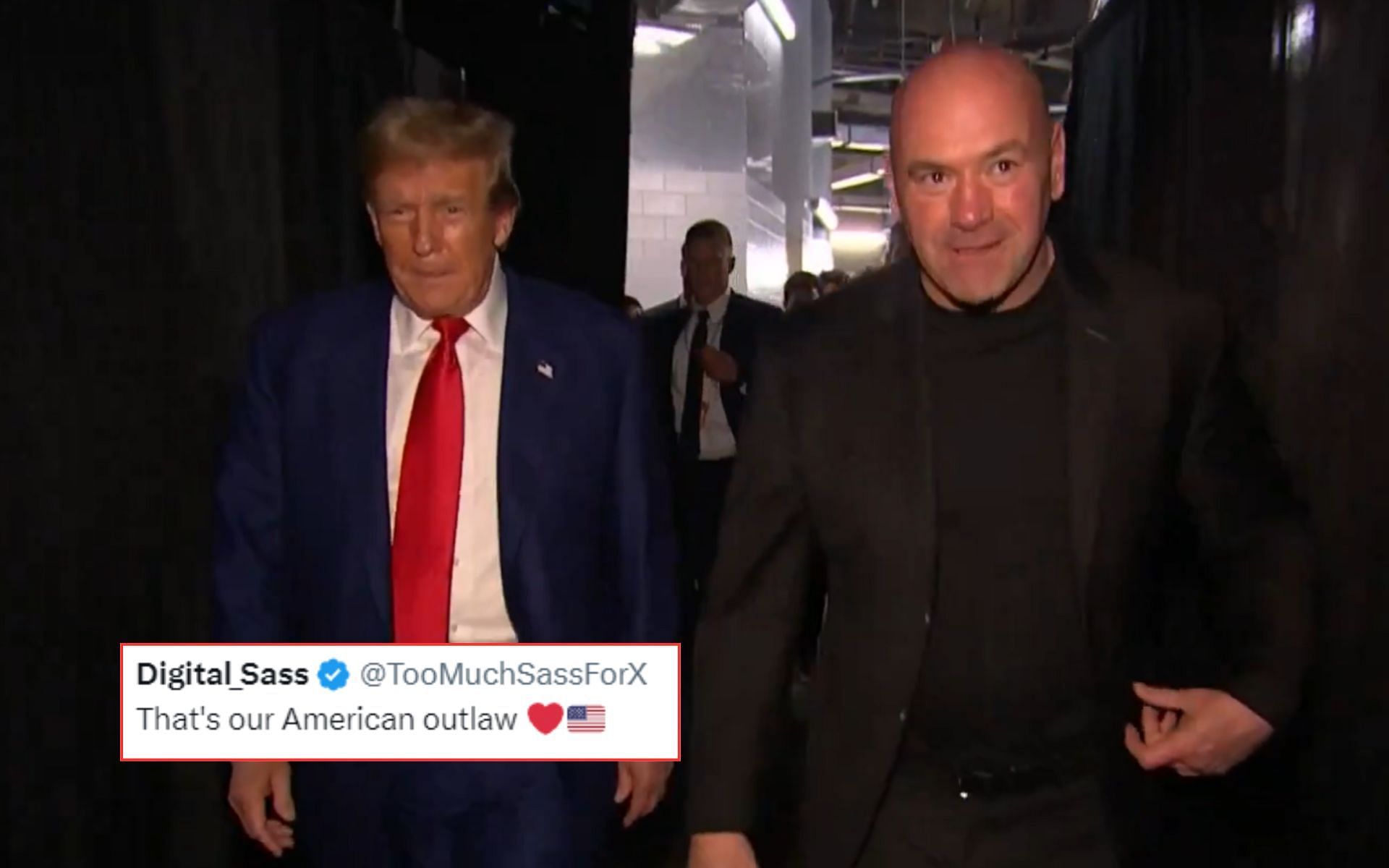 Donald Trump (left) walks into the UFC 302 arena with Dana White (right) [Image courtesy @ufcontnt on X via UFC 302 broadcast]