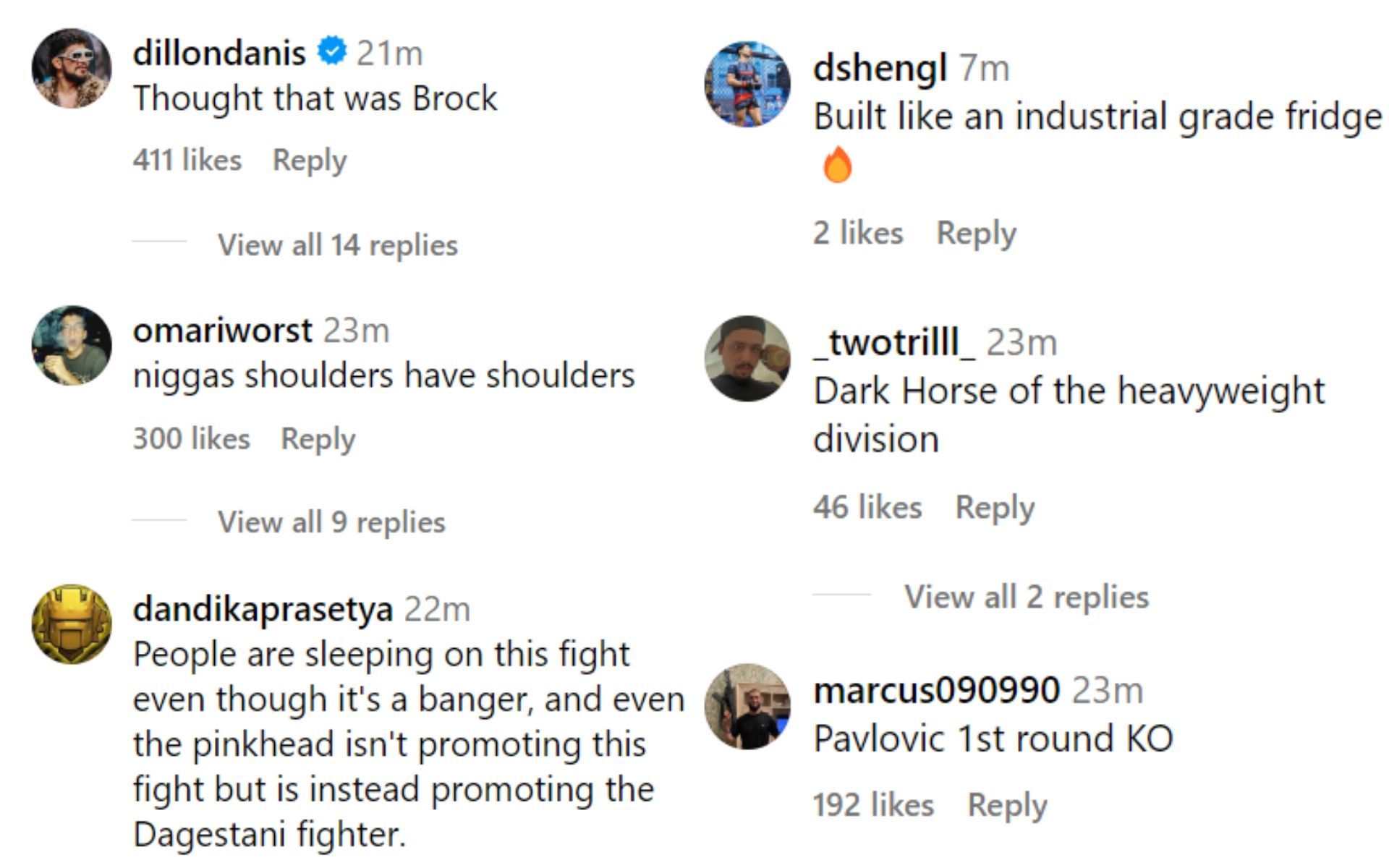 Fan comments on Sergei Pavlovich&#039;s photos. [Image credit: @espnMMA on Instagram]