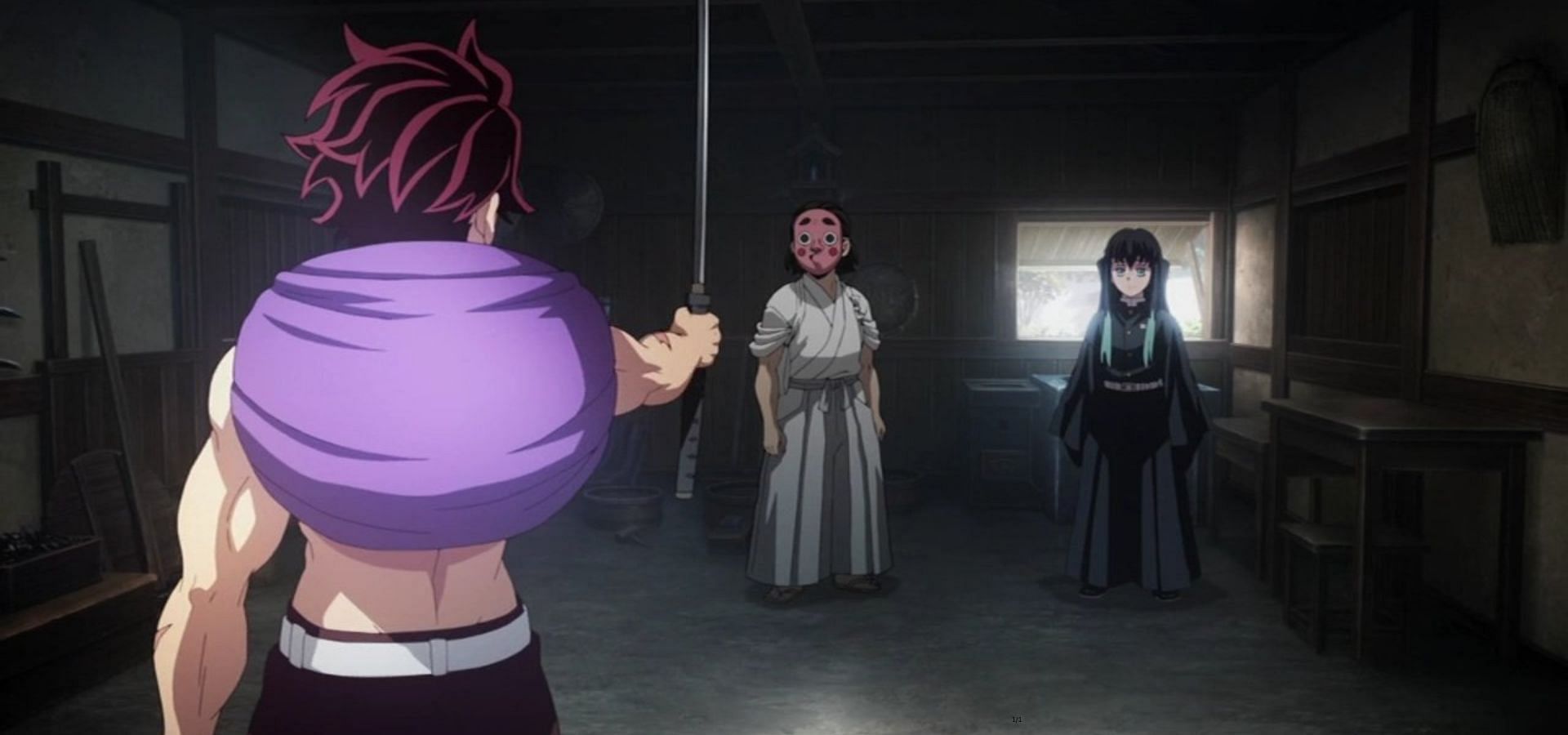 Tanjiro holding the sword sharpened by Kanamori (Image via Ufotable)