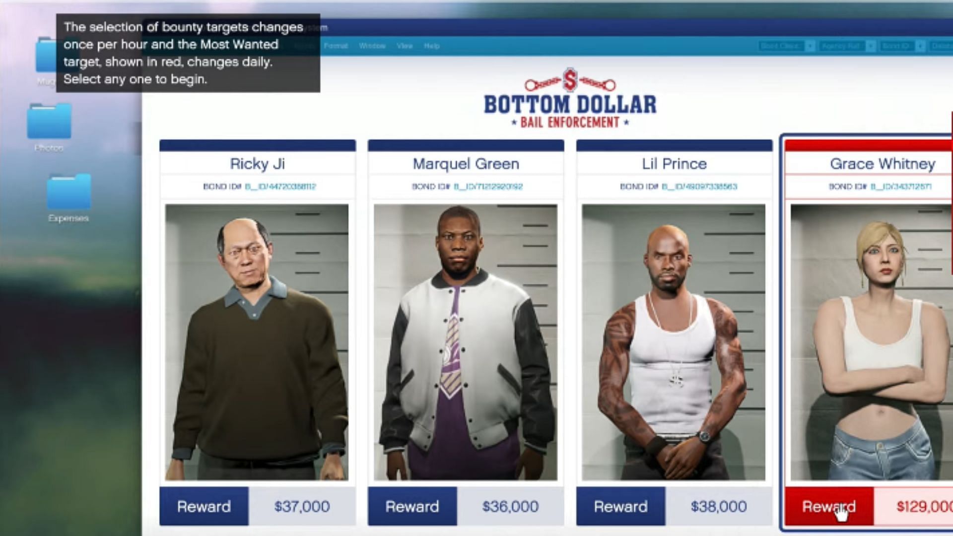 GTA Online Bottom Dollar Bail Enforcement target list (Image via YouTube/TGG)
