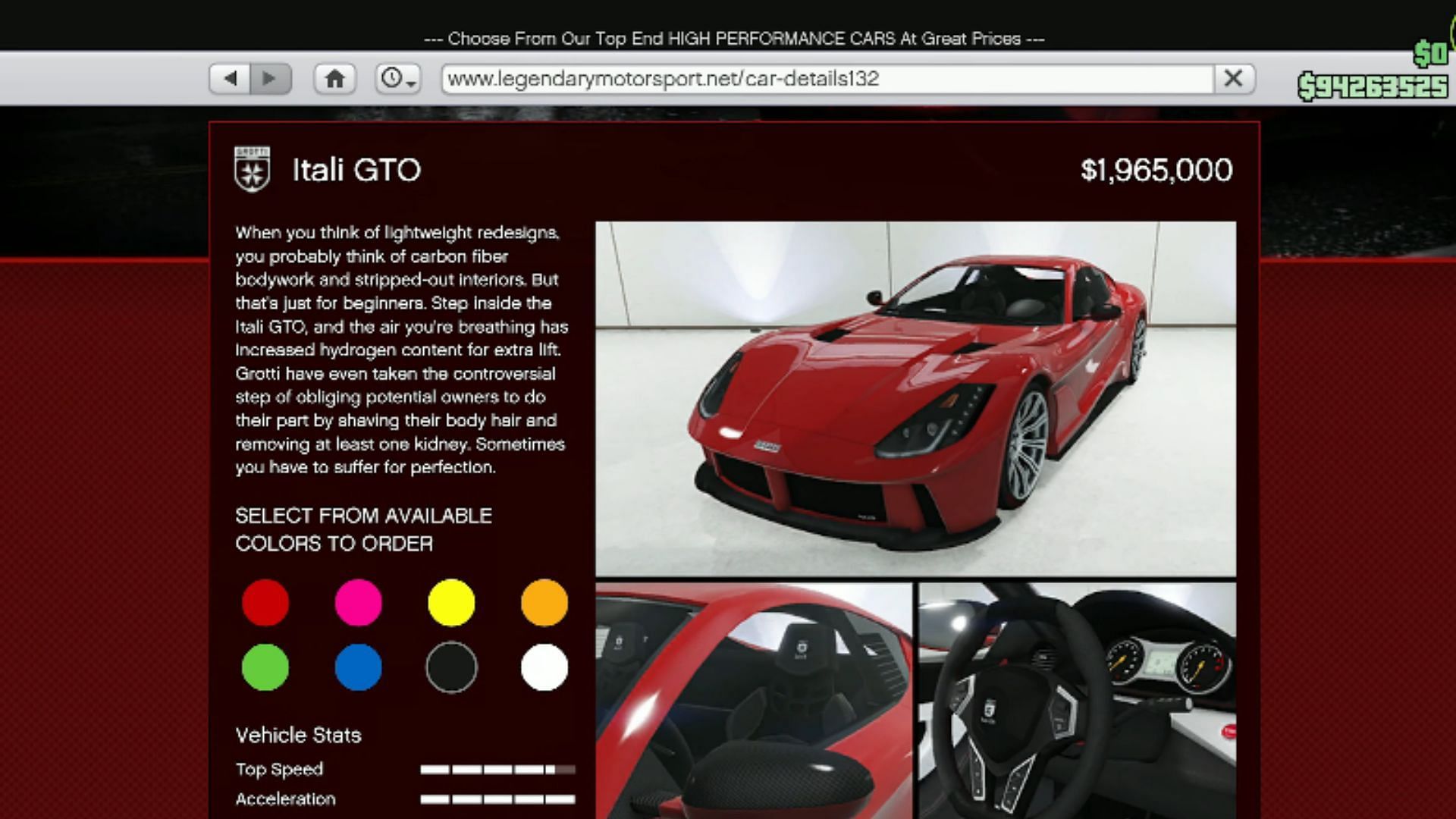 Itali GTO&#039;s page on the Legendary Motorsport website (Image via YouTube/Digital Car Addict)