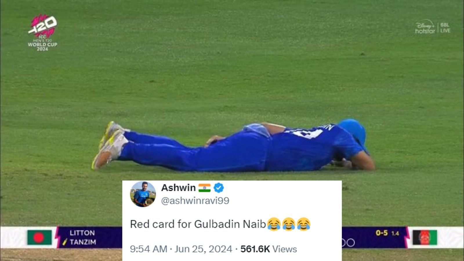 Fans reacted to Gulbadin Naib falling down during AFG vs BAN game (Image: Disney+Hotstar and @ashwinravi99)