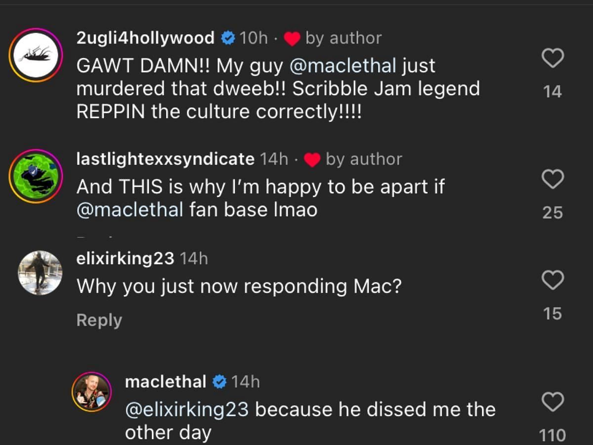 Fan reaction to Mac&#039;s diss track on Tom MacDonald (Image via Instagram/ @maclethal)