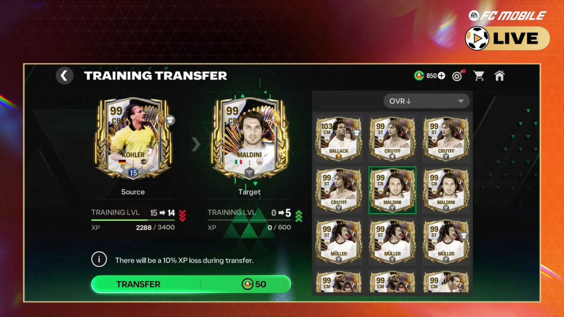 Training Transfer to an unranked player will hardly be of any use since at max the receiver card will gain 5 levels (Image via EA Sports)