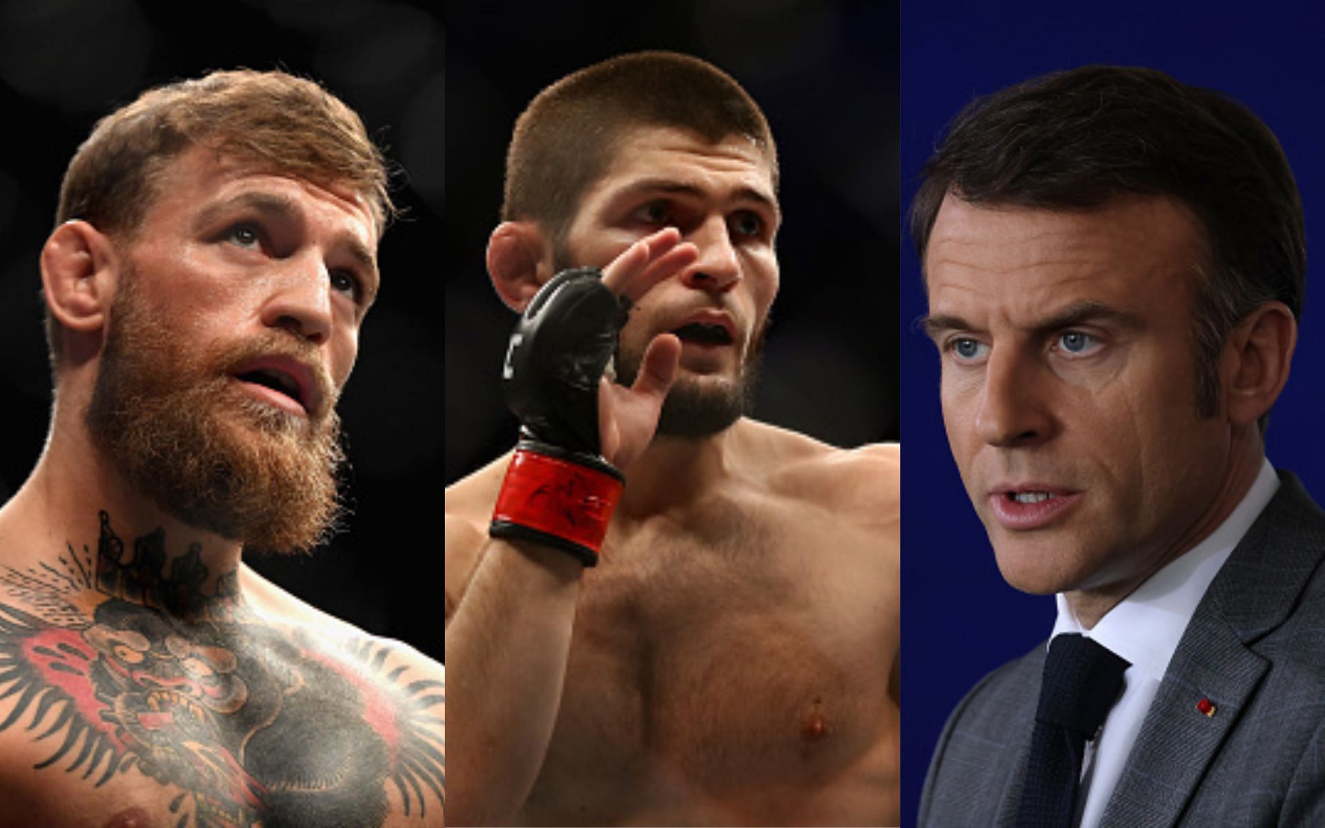 Conor McGregor (left) responds to Khabib Nurmagomedov (center) criticizing Emmanuel Macron (right) [Image credits: Getty Images]