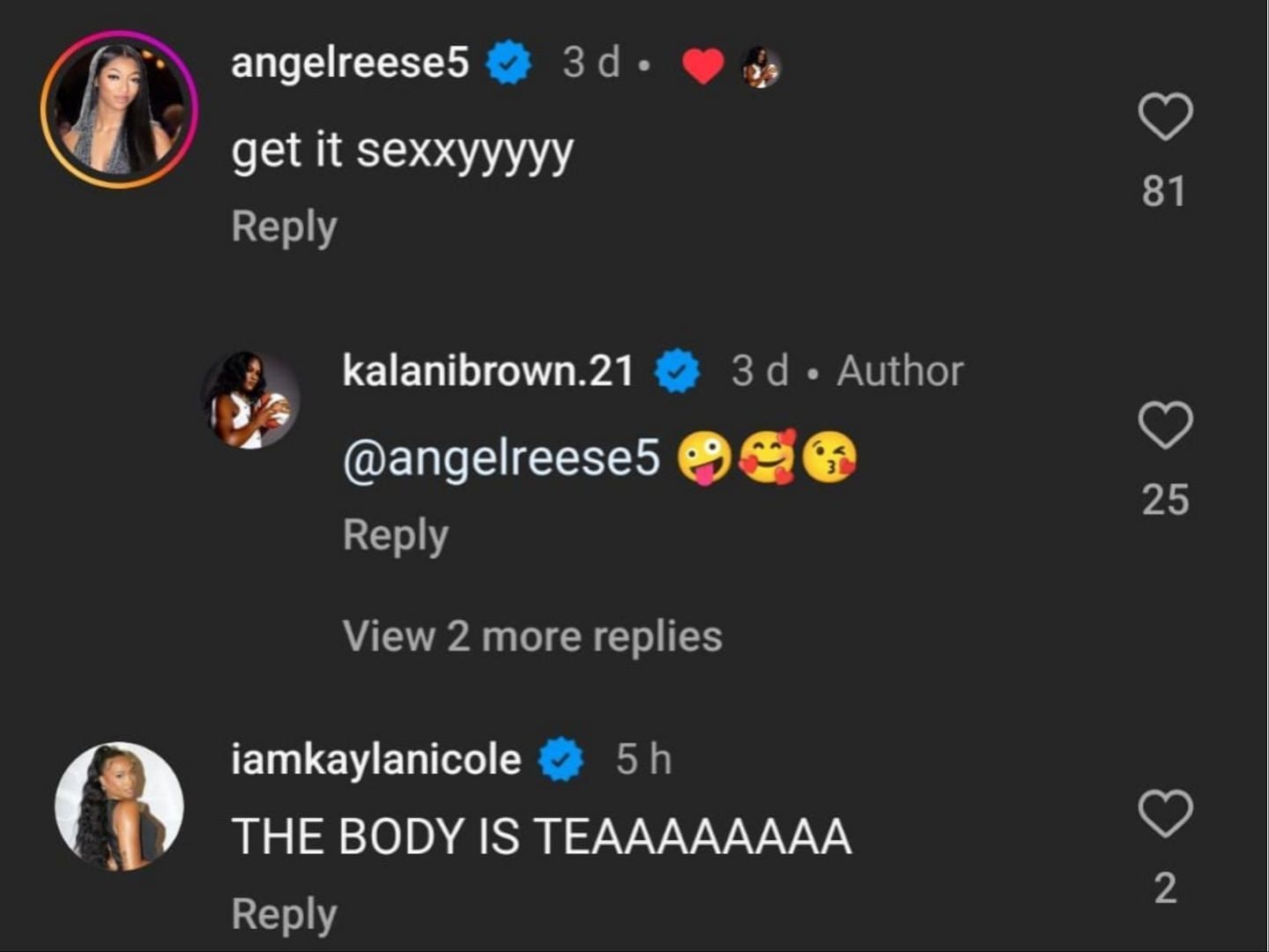 Angel Reese and Kayla Nicole comment on Kalani Brown&#039;s Instagram post.