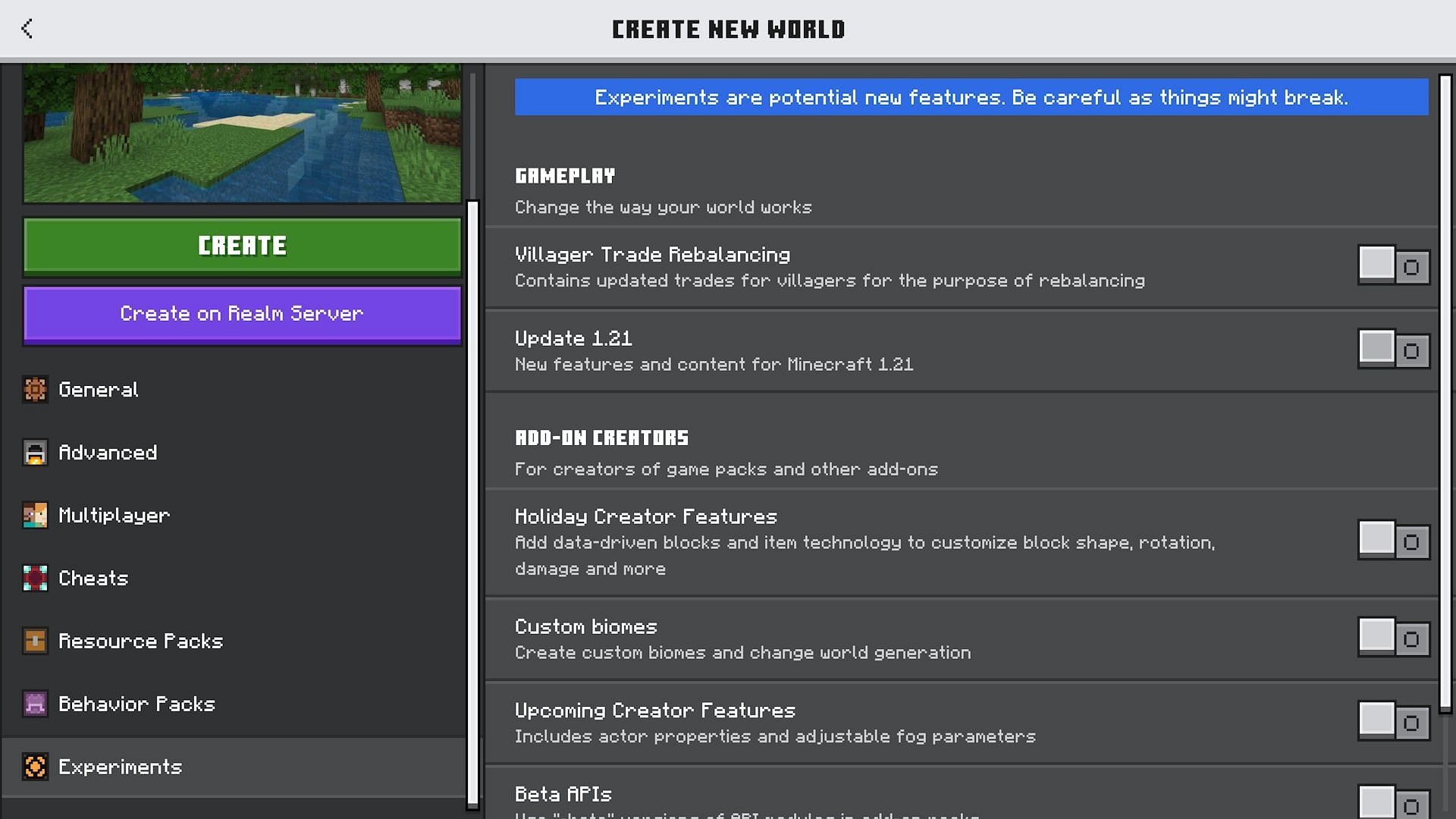 The Experiments tab of the world creation menu (Image via Mojang)