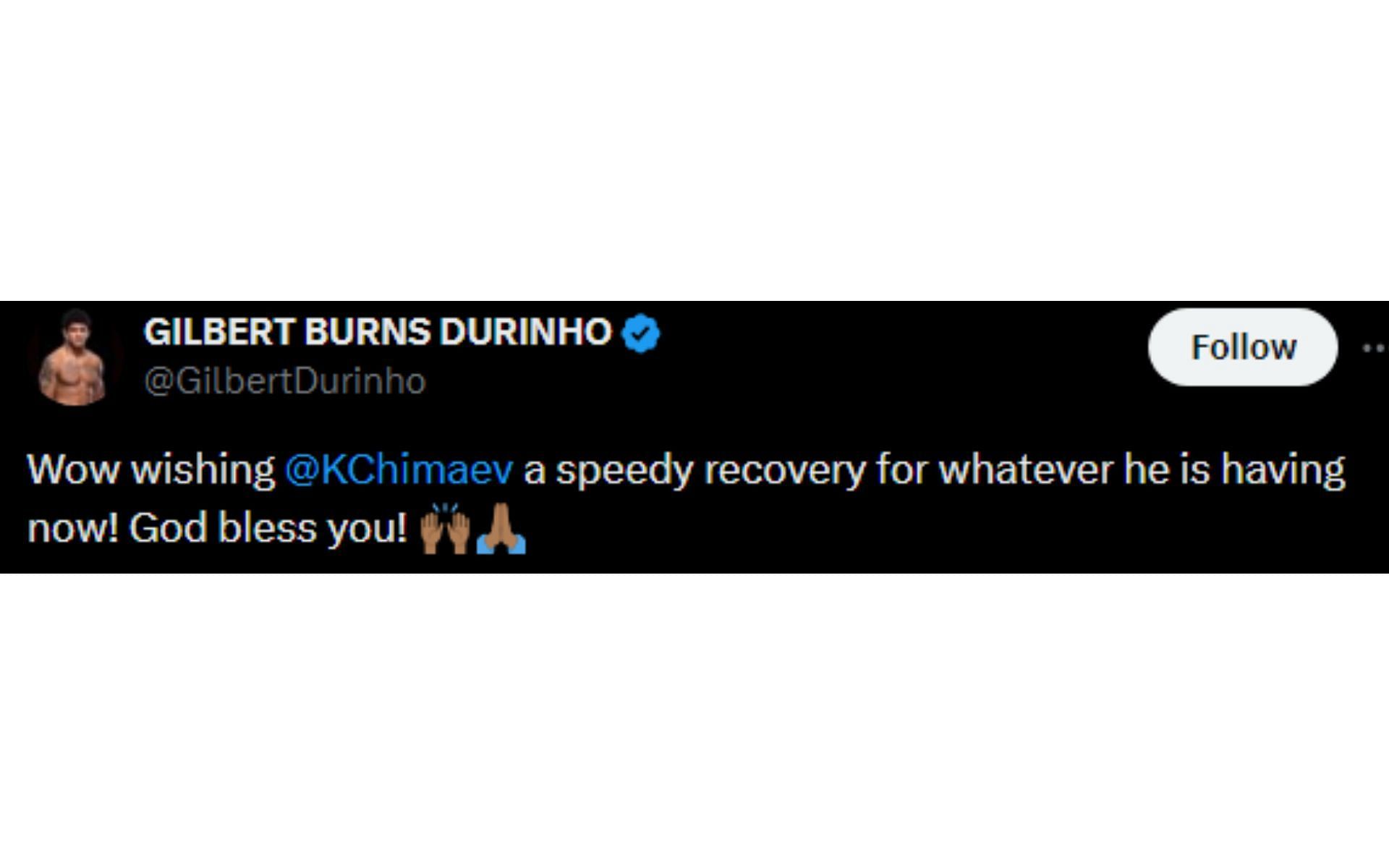 Burns' tweet regarding Chimaev [Image courtesy: @GilbertDurinho - X]