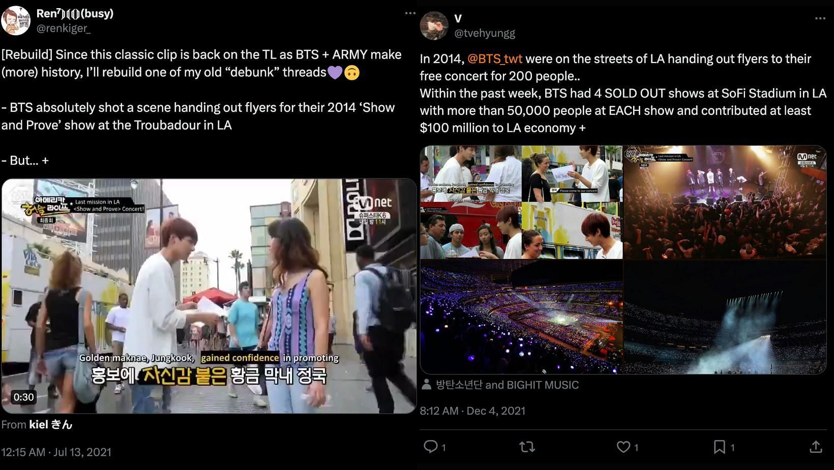 The band were on the streets of LA, handing out flyers to their free concert for 200 people. (Images via X/@tvehyungg and @renkiger_)