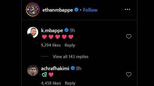 Kylian Mbappe and Achraf Hakimi react as Ethan Mbappe announces PSG exit.