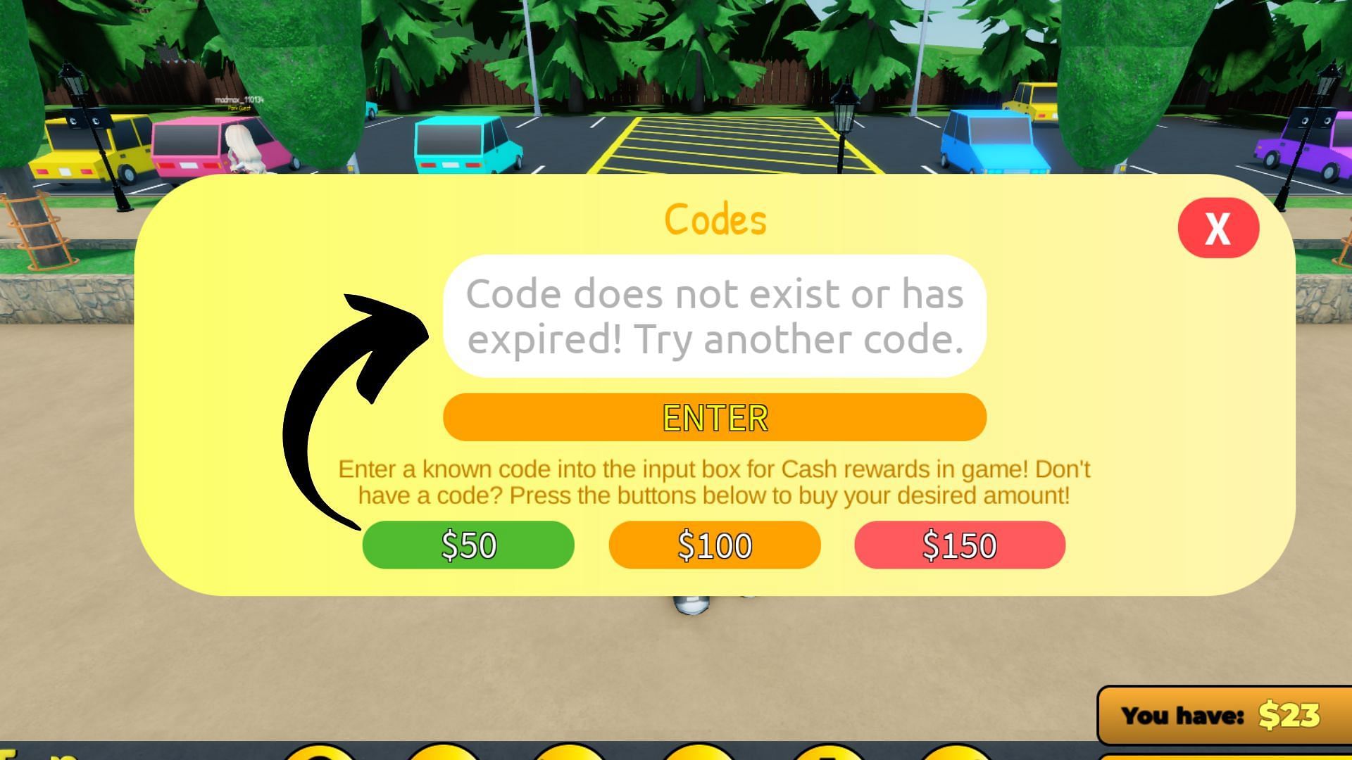 Tree Tops Theme Park invalid code issue (Image via Roblox || Sportskeeda)