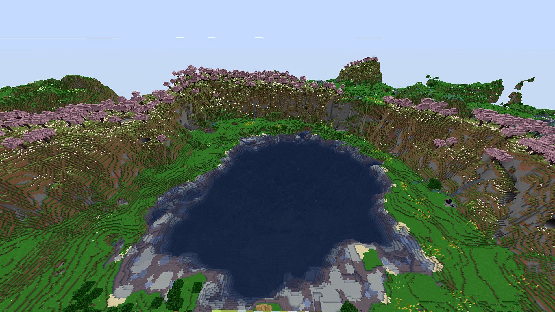 This Minecraft seed&#039;s spawn lake is pleasant and has a few structures to explore (Image via u/Irvinoboy8/Reddit)