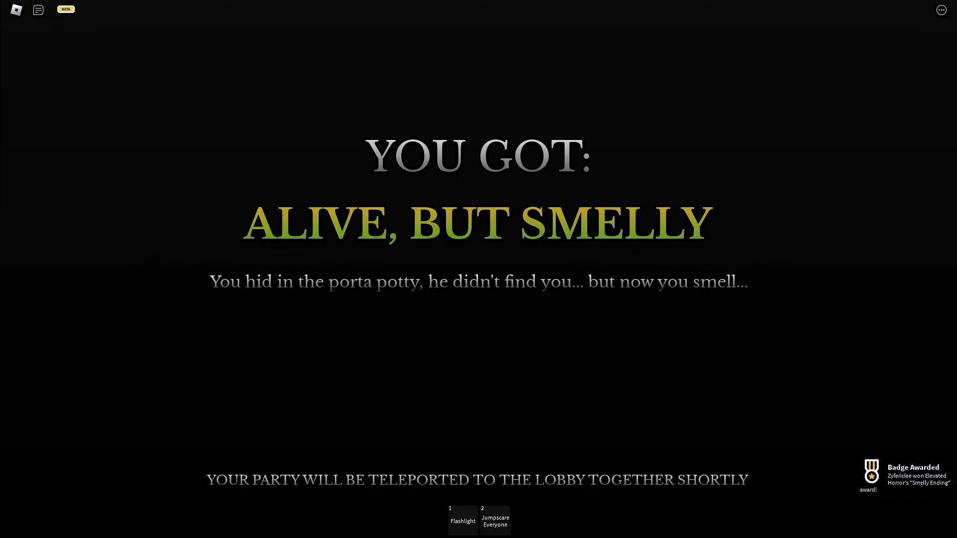 The Alive, But Smelly ending screen (Image via Roblox || Zyfericlee on YouTube)