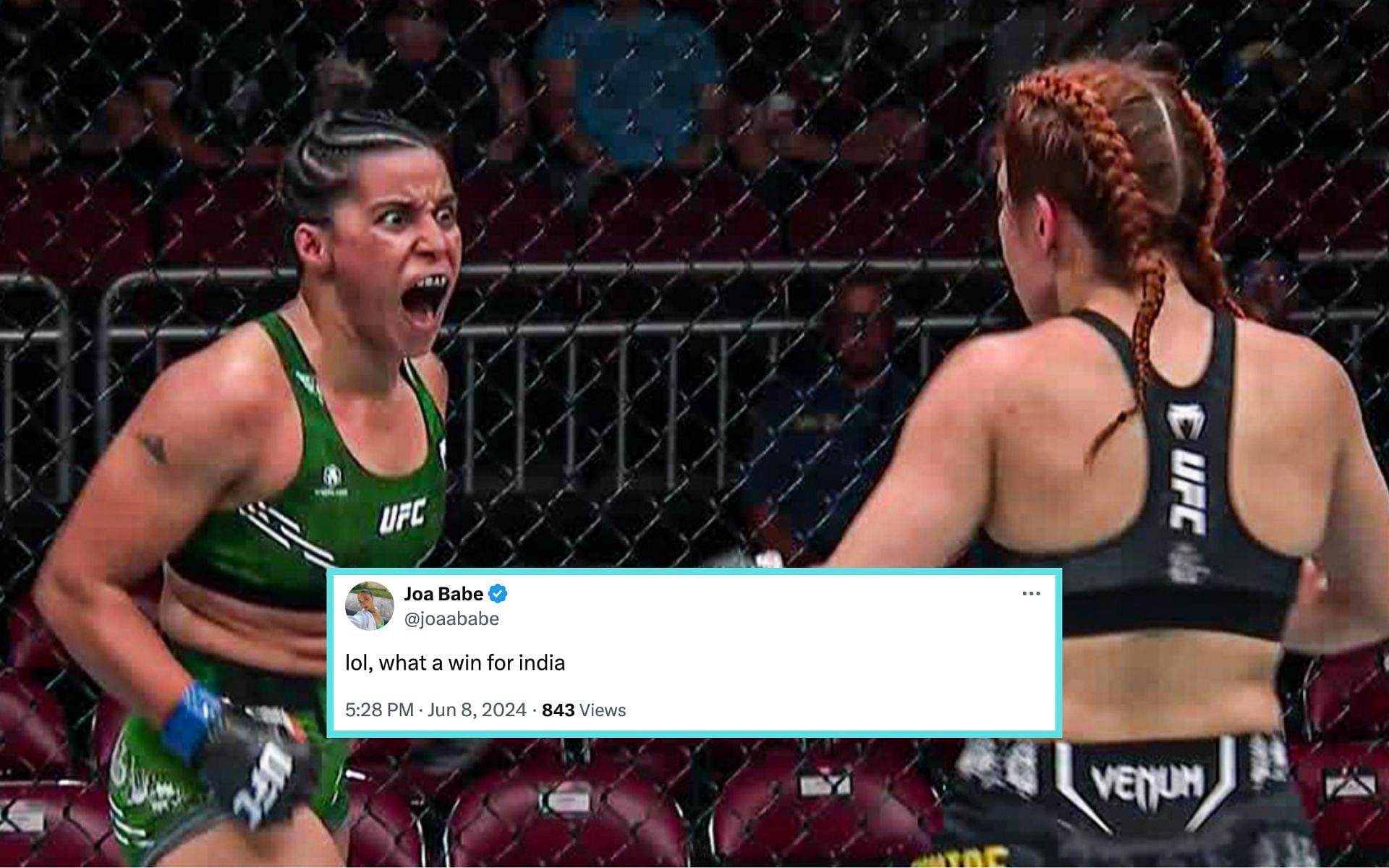 Fans react to Puja Tomar (left) defeating Rayanne Amanda dos Santos (right) in her UFC debut [Photo Courtesy: @espnmma on Instagram]