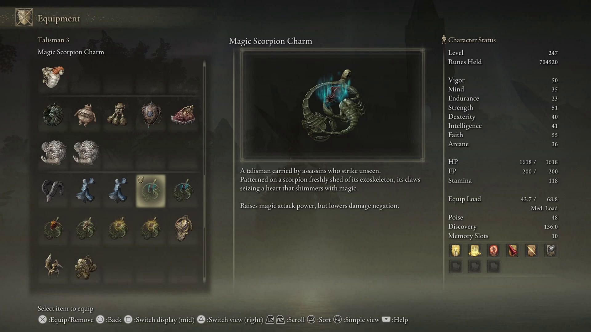 Stats of Magic Scorpion Charm in Elden Ring (Image via FromSoftware/YouTube-Ventus SGN Plays)