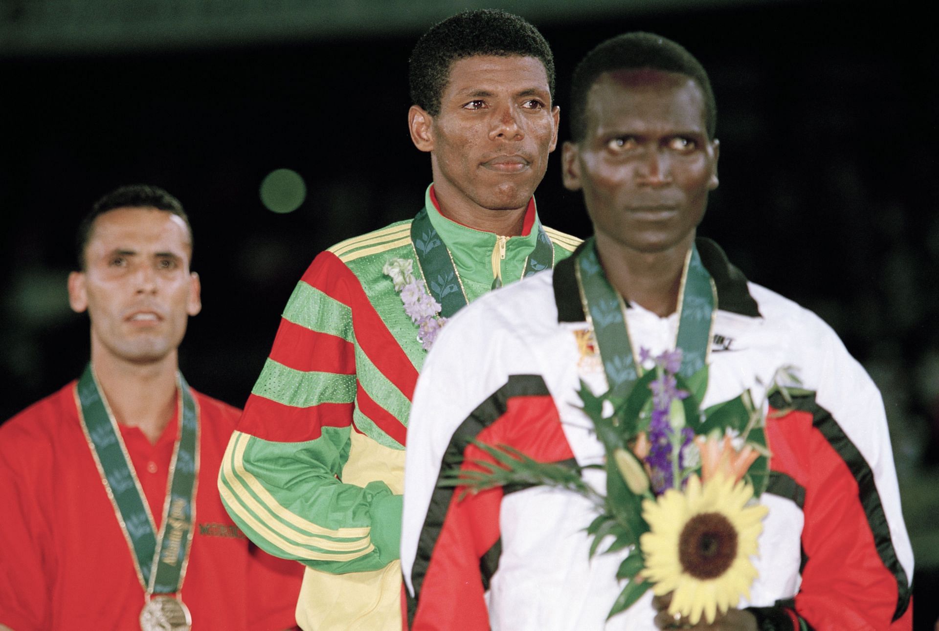 From left to right, medalists Salah Hissou of Morocco, Haile Gebrselassie of Ethiopia and Paul Tergat of Kenya at the Olympic Games in Atlanta, Georgia, 29th July 1996. (Photo by Gary M. Prior/Getty Images)