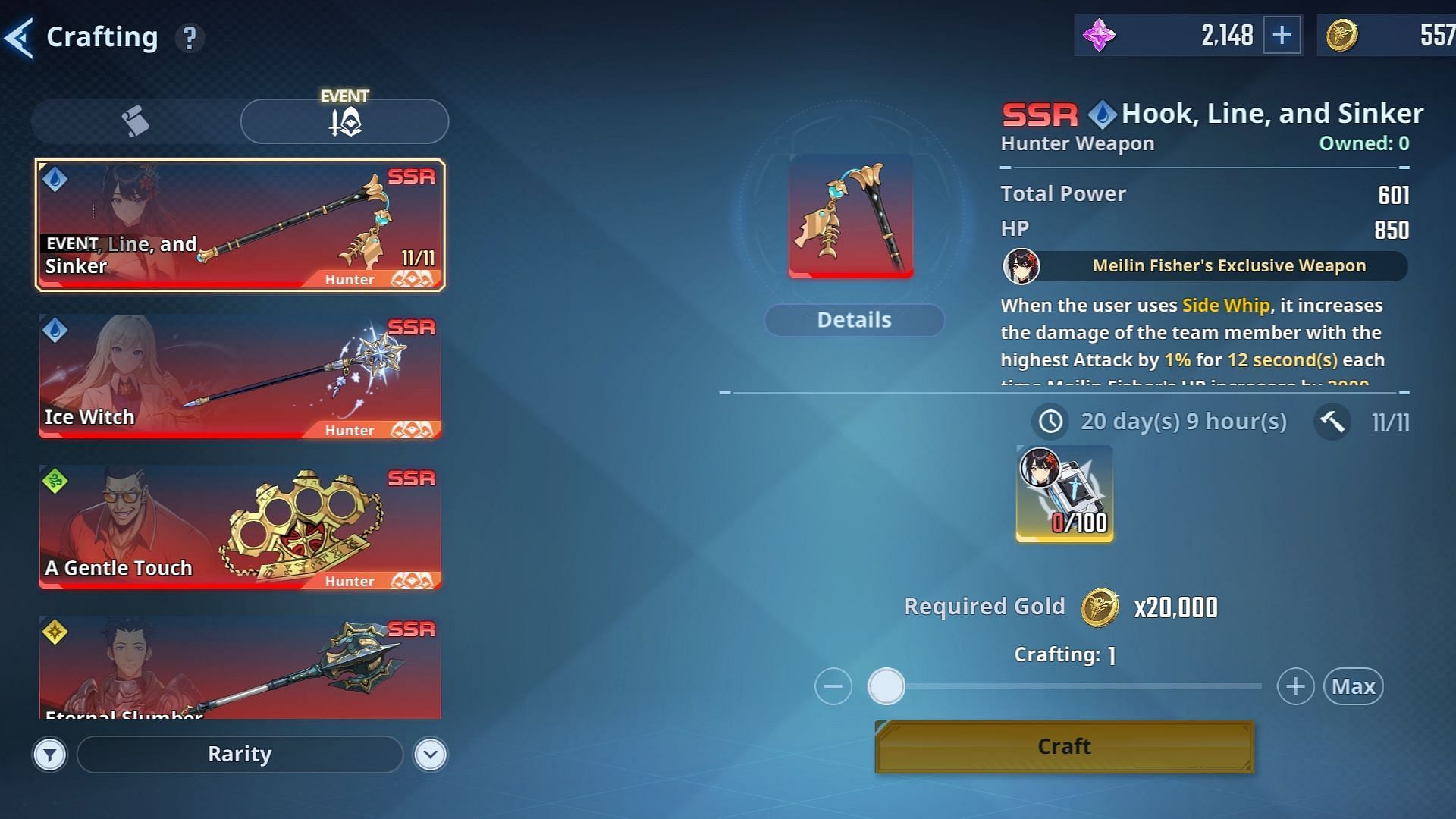 You can use Crafting to get the Exclusive Weapon of Meilin Fisher (Image via Netmarble)