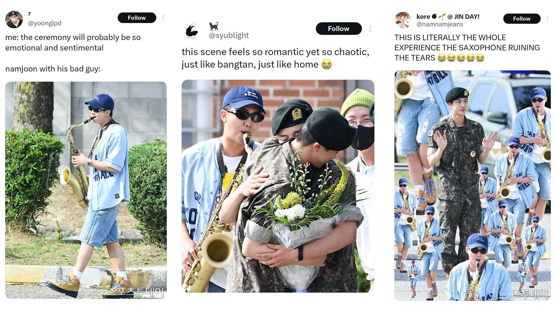 RM plays the sax for Jin&#039;s military discharge (Images Via X/@yoongipd, @syublight, and @namnamjeans)