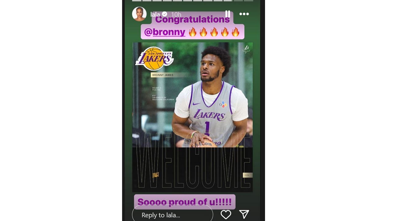 LaLa Anthony&#039;s Instagram story after James Jr. was drafted by the LA Lakers on Thursday. [photo: Anthony IG]